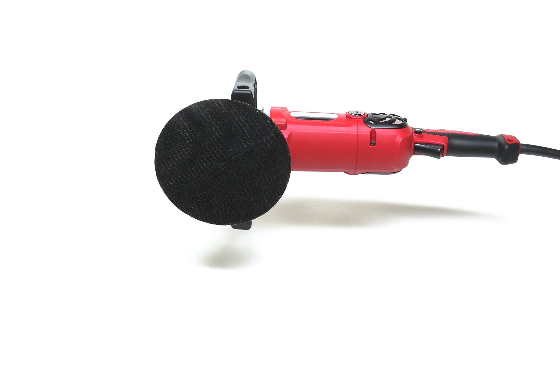 The Refurbished Pro Rotary Polisher by Shurhold Industries, Inc. is a red professional tool with a black sanding pad, ideal for correcting surface flaws, shown on a plain white background.