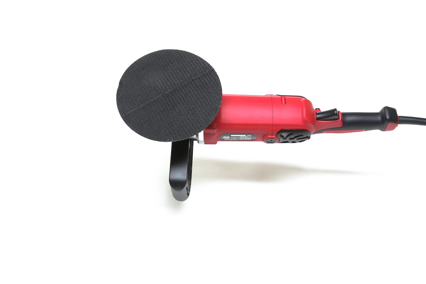 A refurbished Shurhold Industries, Inc. Pro Rotary Polisher with a black circular sanding pad and side handle is shown on a white background—perfect for addressing surface imperfections with this professional-grade tool.