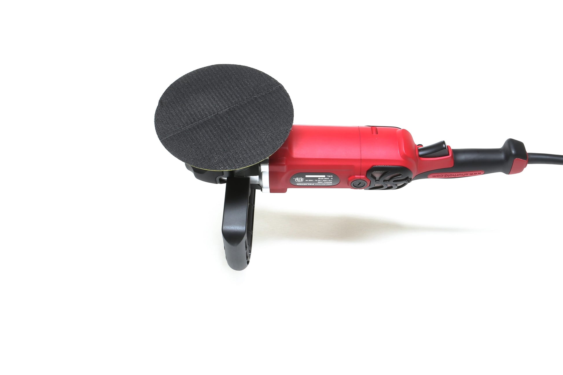 A refurbished Pro Rotary Polisher by Shurhold Industries, Inc. in red and black with a large black disc, shown on a white background—a professional tool perfect for correcting surface imperfections.