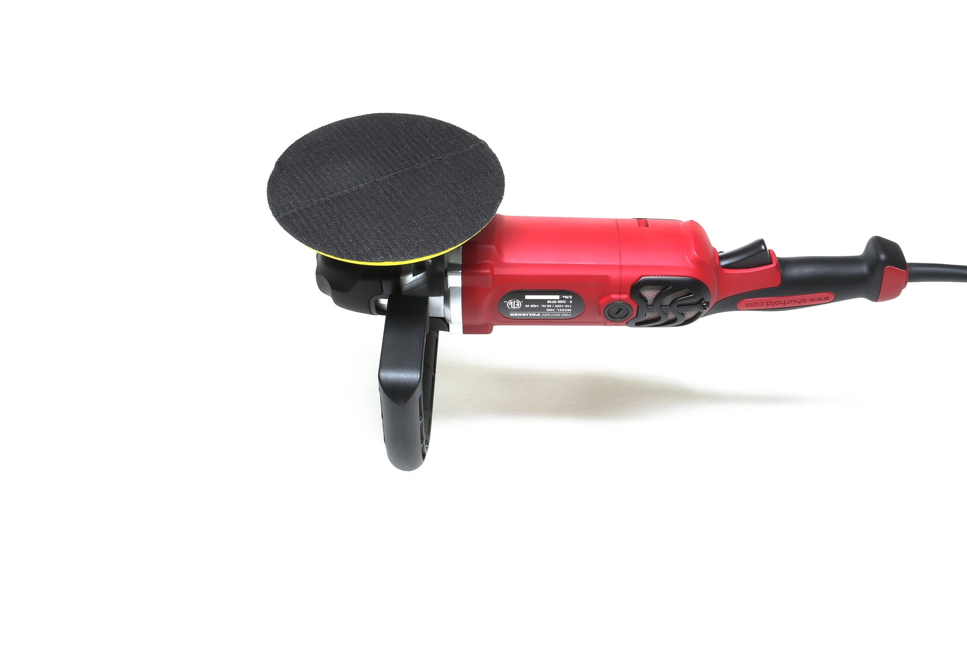 The Refurbished Pro Rotary Polisher by Shurhold Industries, Inc. is a red and black electric tool with a side handle and power cord, shown on a white background—perfect for professional surface correction jobs.