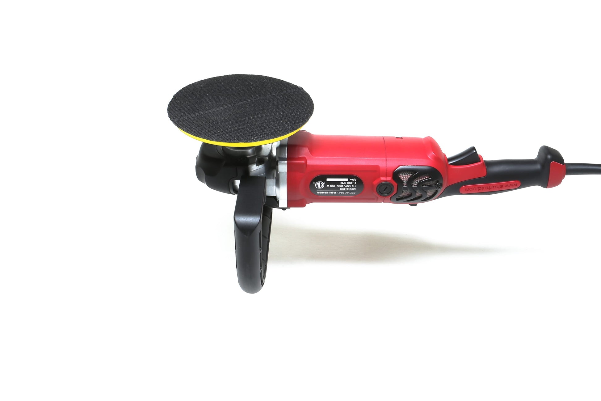 A red and black Refurbished Pro Rotary Polisher by Shurhold Industries, Inc., equipped with a side handle and round abrasive pad on a white background—an ideal professional-grade tool for removing surface imperfections.