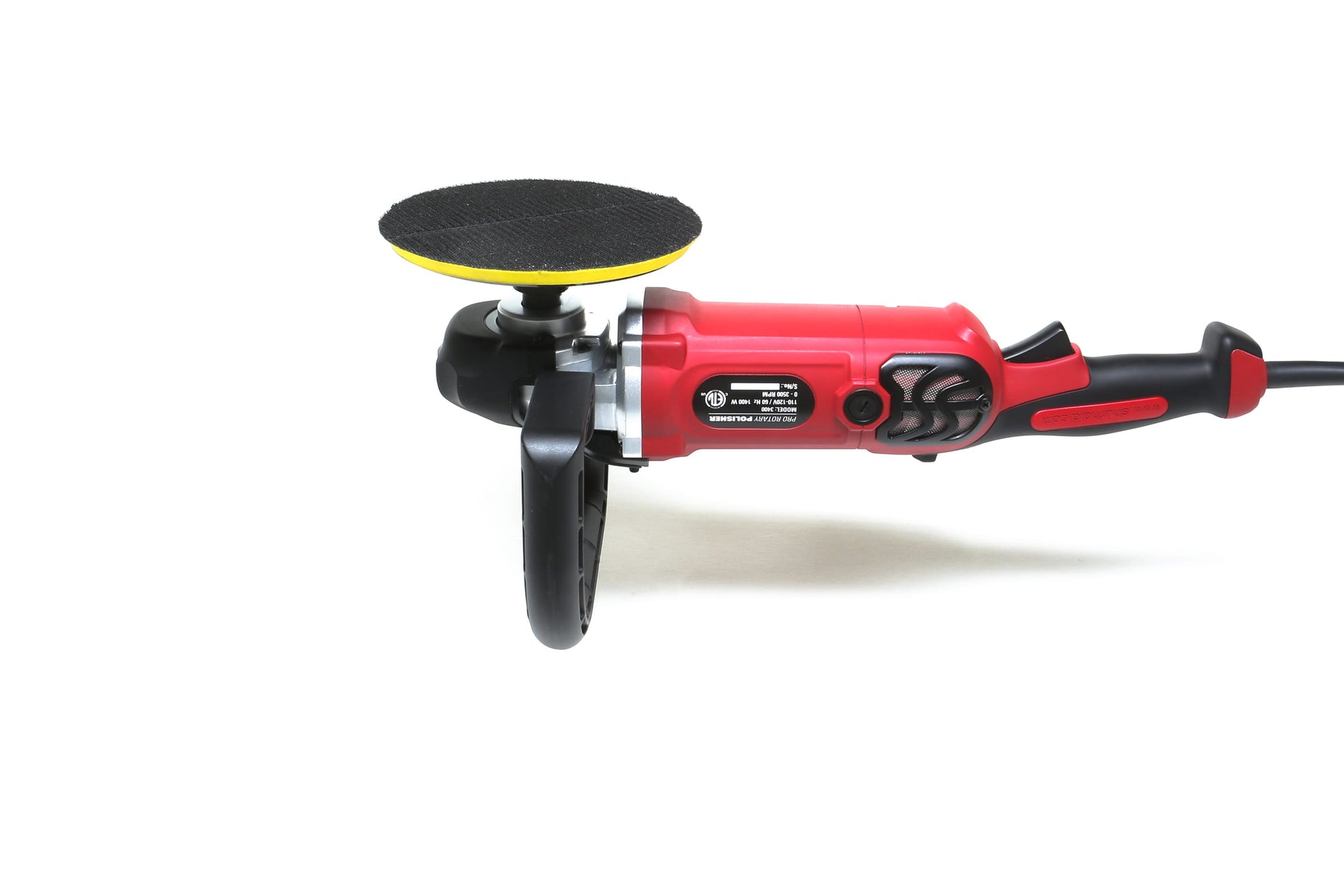 The refurbished Pro Rotary Polisher by Shurhold Industries, Inc.—a red and black electric tool with a side handle and sanding pad—appears against a white background, ideal for removing surface imperfections.