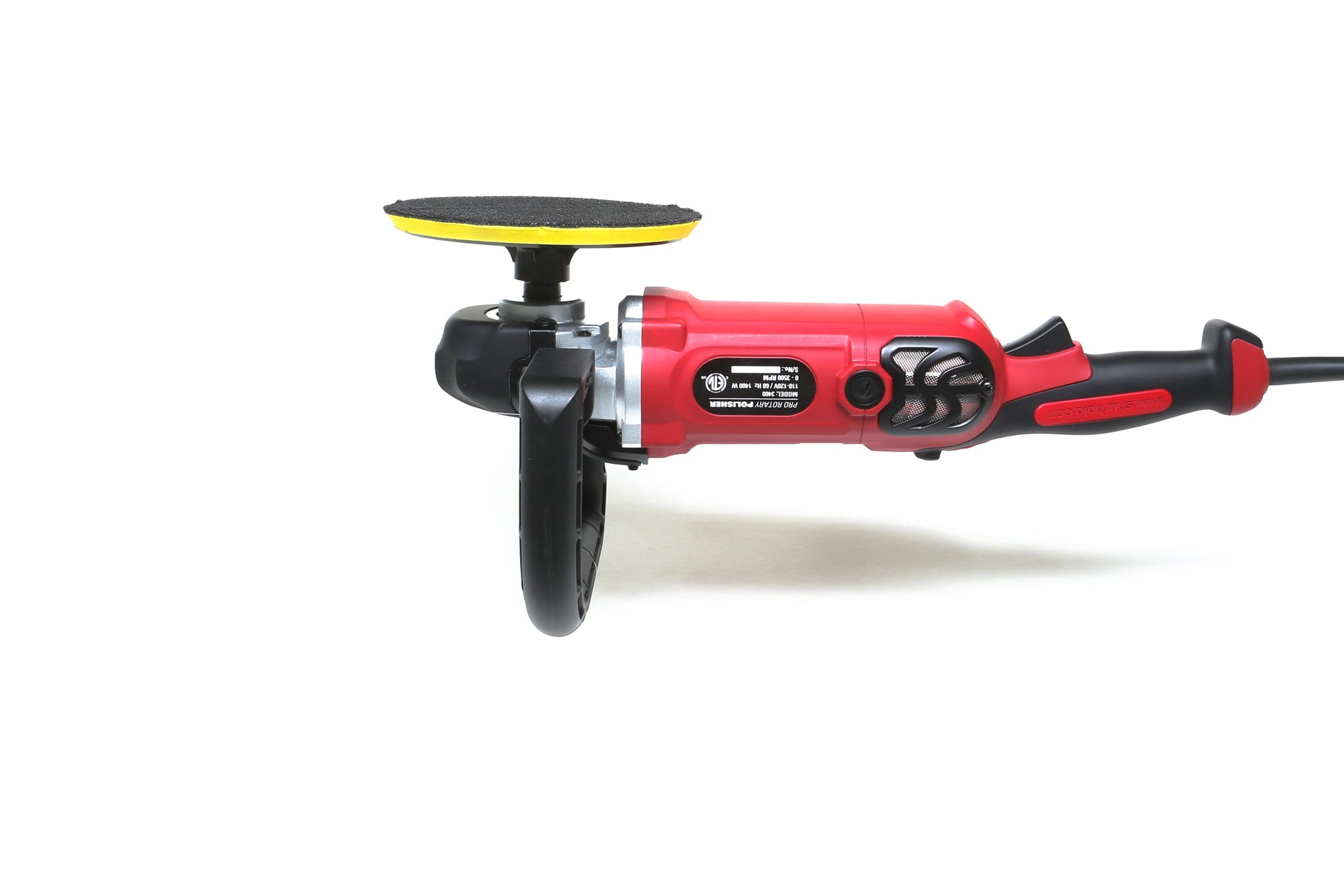 A refurbished Pro Rotary Polisher by Shurhold Industries, Inc., with a red body, black handle, and sanding disc attachment is displayed on a white background—ideal for surface imperfections.