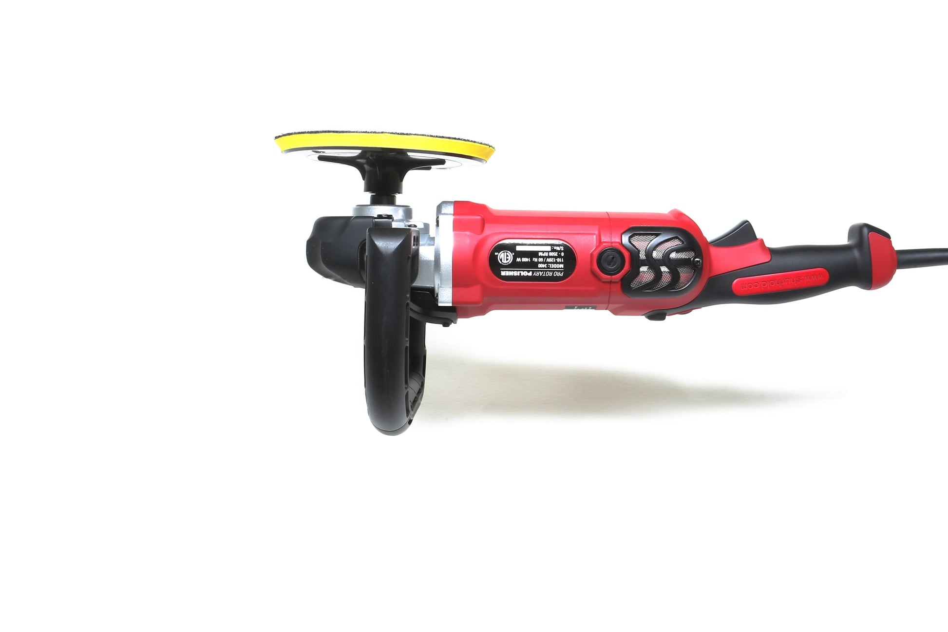 A Refurbished Pro Rotary Polisher by Shurhold Industries, Inc., featuring a red and black design with a yellow pad and side handle, is displayed against a white background—ideal for correcting surface imperfections.