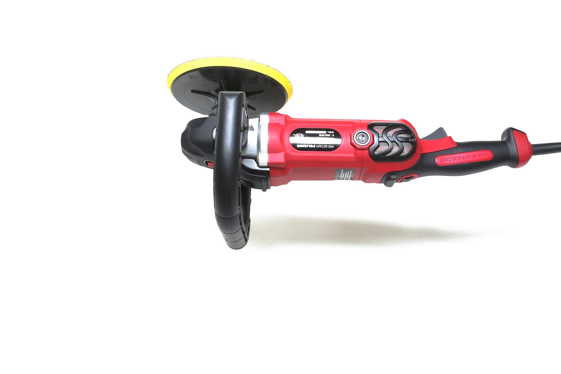 A refurbished Shurhold Industries, Inc. Pro Rotary Polisher with a yellow pad is shown on a white background—a professional-grade tool perfect for correcting surface imperfections.