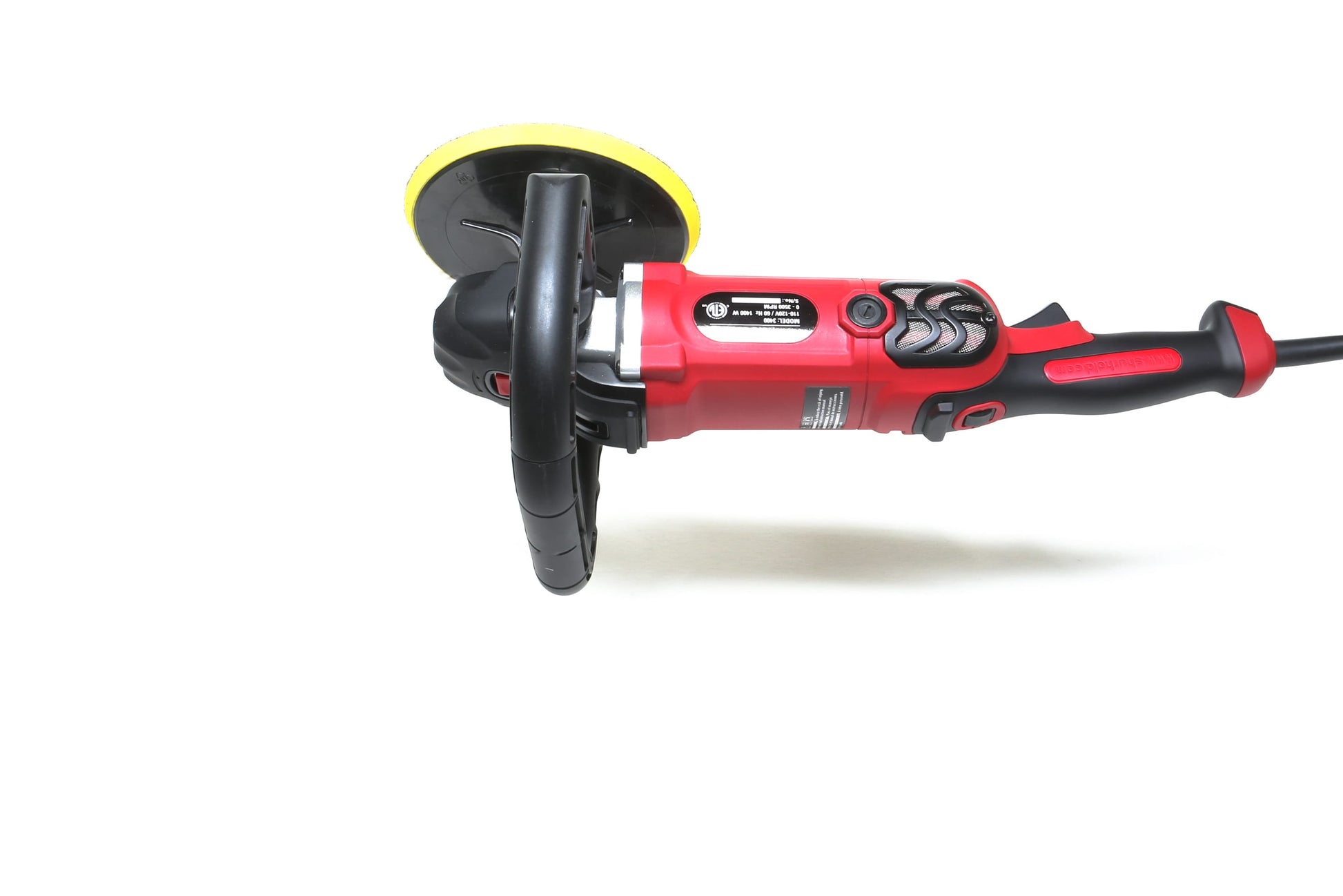 The Refurbished Pro Rotary Polisher by Shurhold Industries, Inc. is a red and black professional tool with a yellow foam pad, ideal for removing surface imperfections. Displayed on a white background.