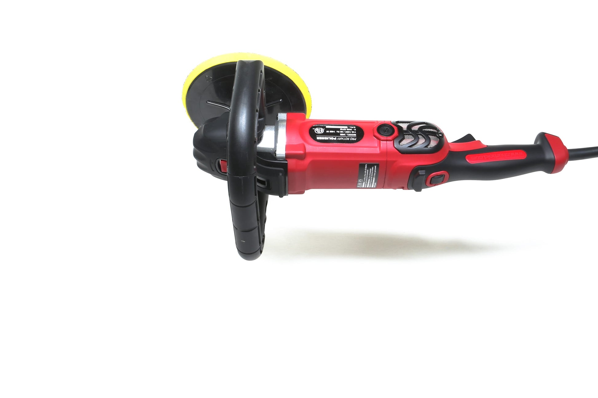 The Refurbished Pro Rotary Polisher by Shurhold Industries, Inc. is a red and black professional-grade tool with a yellow pad and side handle, designed for surface imperfections, shown on a white background.