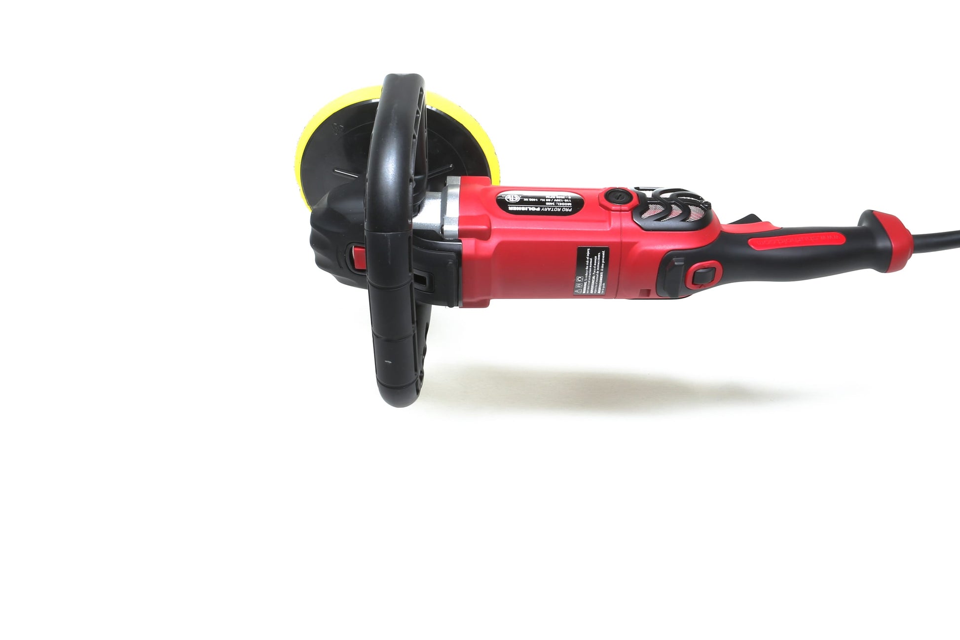 The Refurbished Pro Rotary Polisher by Shurhold Industries, Inc. is a red and black professional-grade tool with a yellow pad, ideal for correcting surface imperfections; shown against a white background.