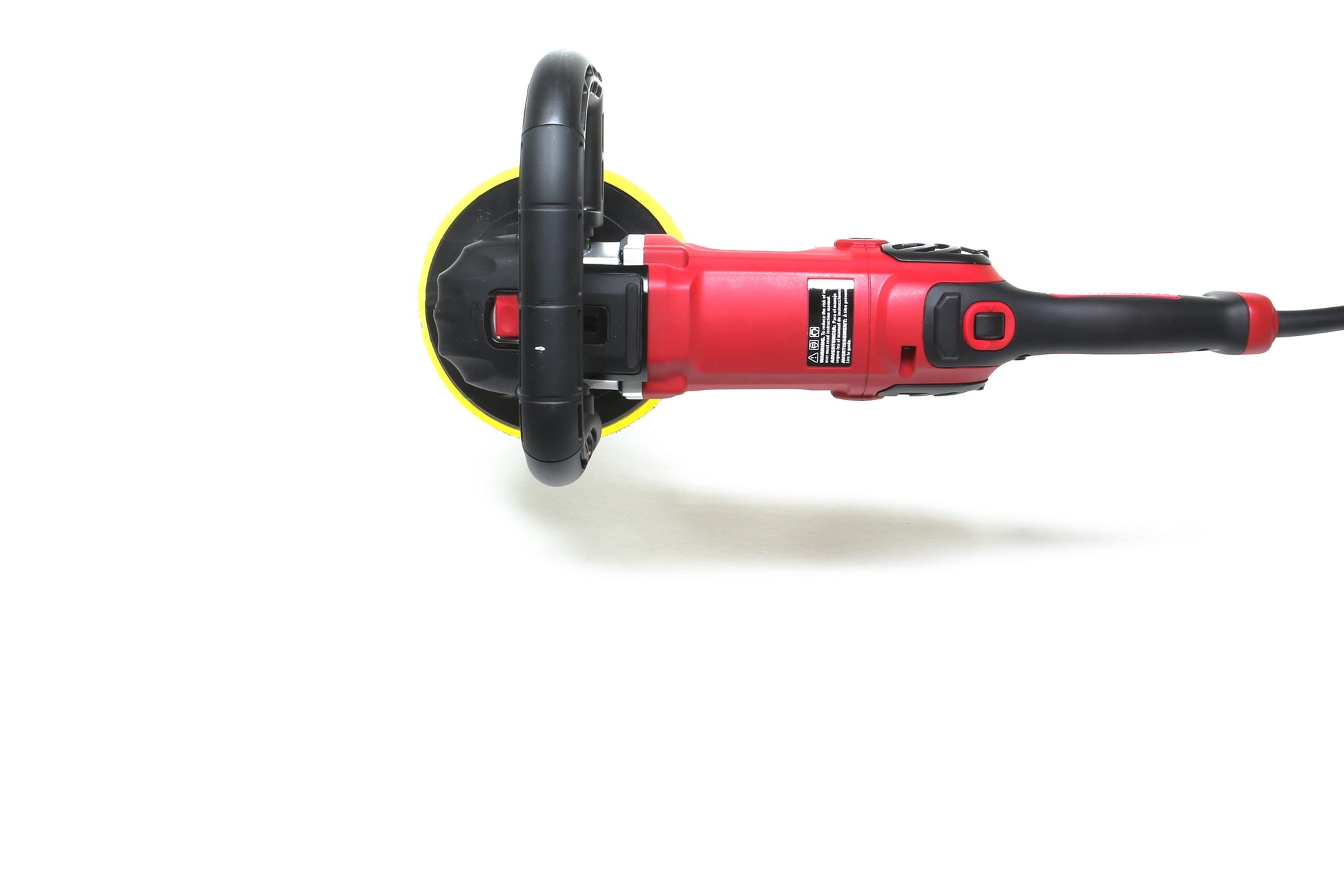 The Refurbished Pro Rotary Polisher by Shurhold Industries, Inc., a professional-grade tool with red and black design and yellow backing plate, is shown on a white background—ideal for correcting surface flaws.