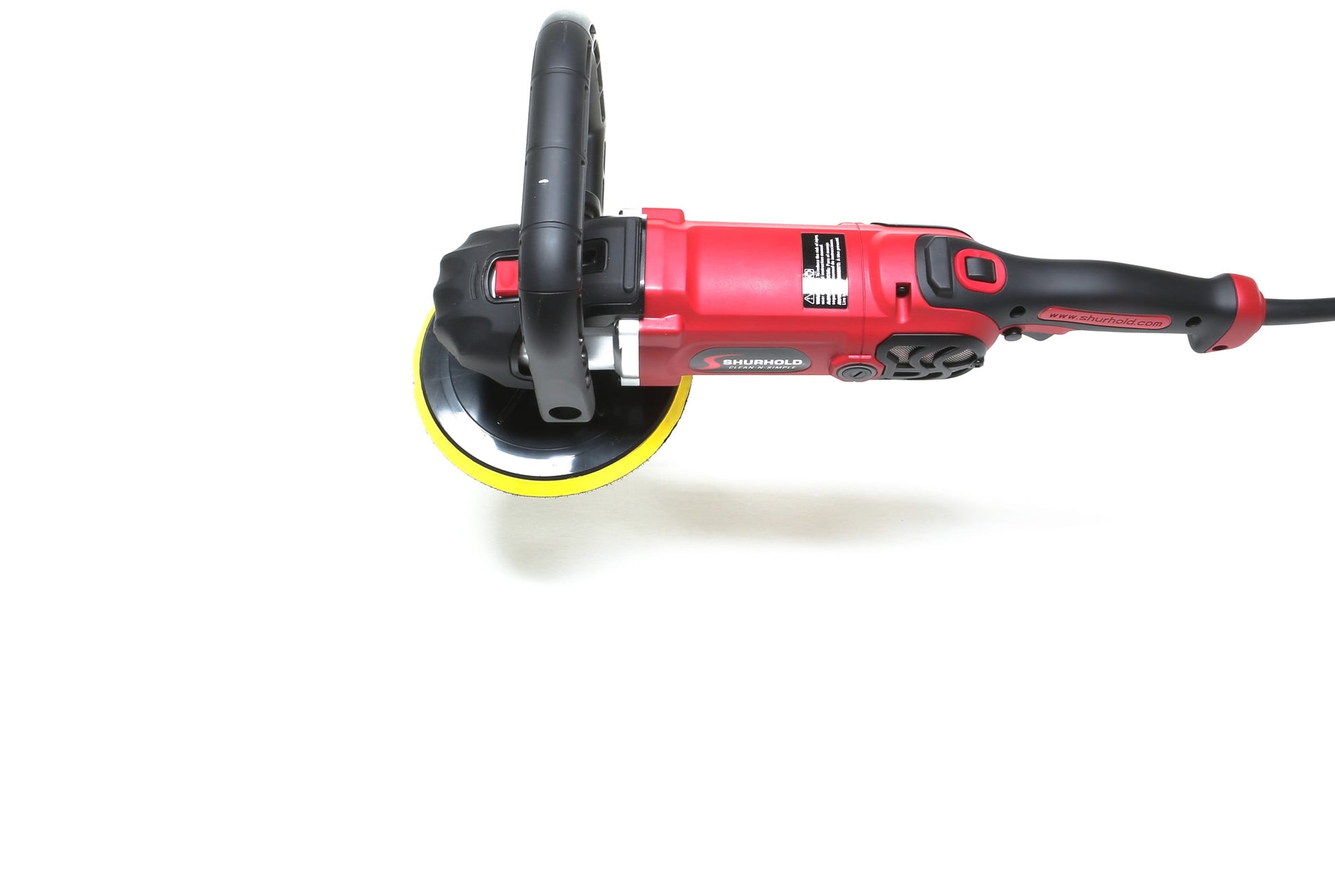A refurbished Shurhold Industries, Inc. Pro Rotary Polisher with a yellow buffing pad is shown from above on a white background—an expert tool perfect for eliminating surface imperfections.