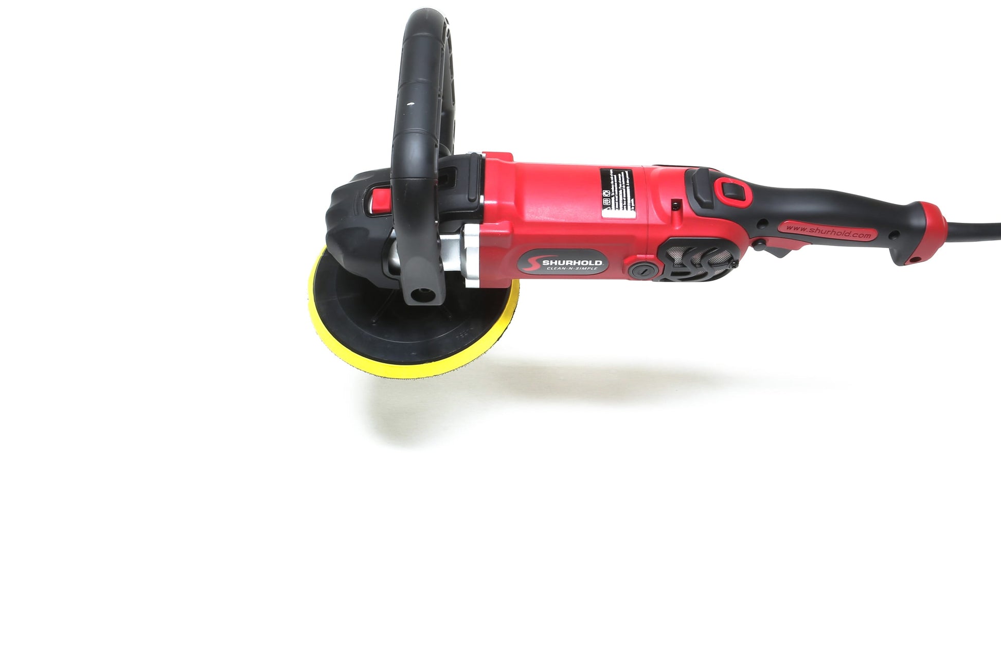 A refurbished Shurhold Industries, Inc. Pro Rotary Polisher with a yellow buffing pad is shown horizontally on a white background—a professional-grade tool designed for eliminating surface imperfections.