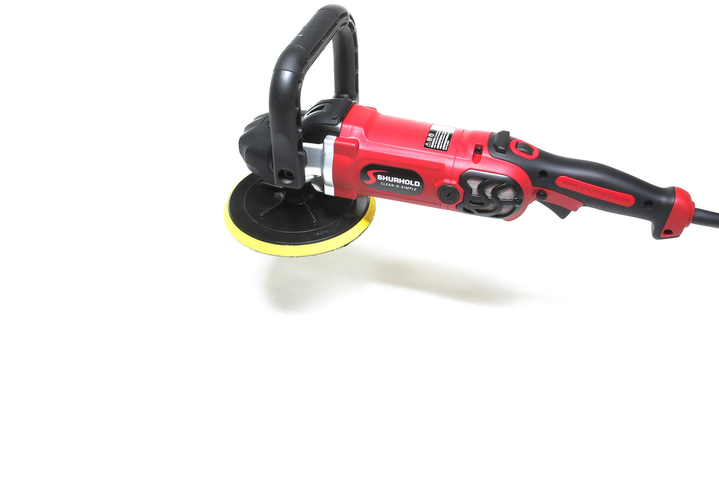 A refurbished Pro Rotary Polisher by Shurhold Industries, Inc., in red and black with a yellow and black buffing pad, designed for professional surface correction, isolated on a white background.