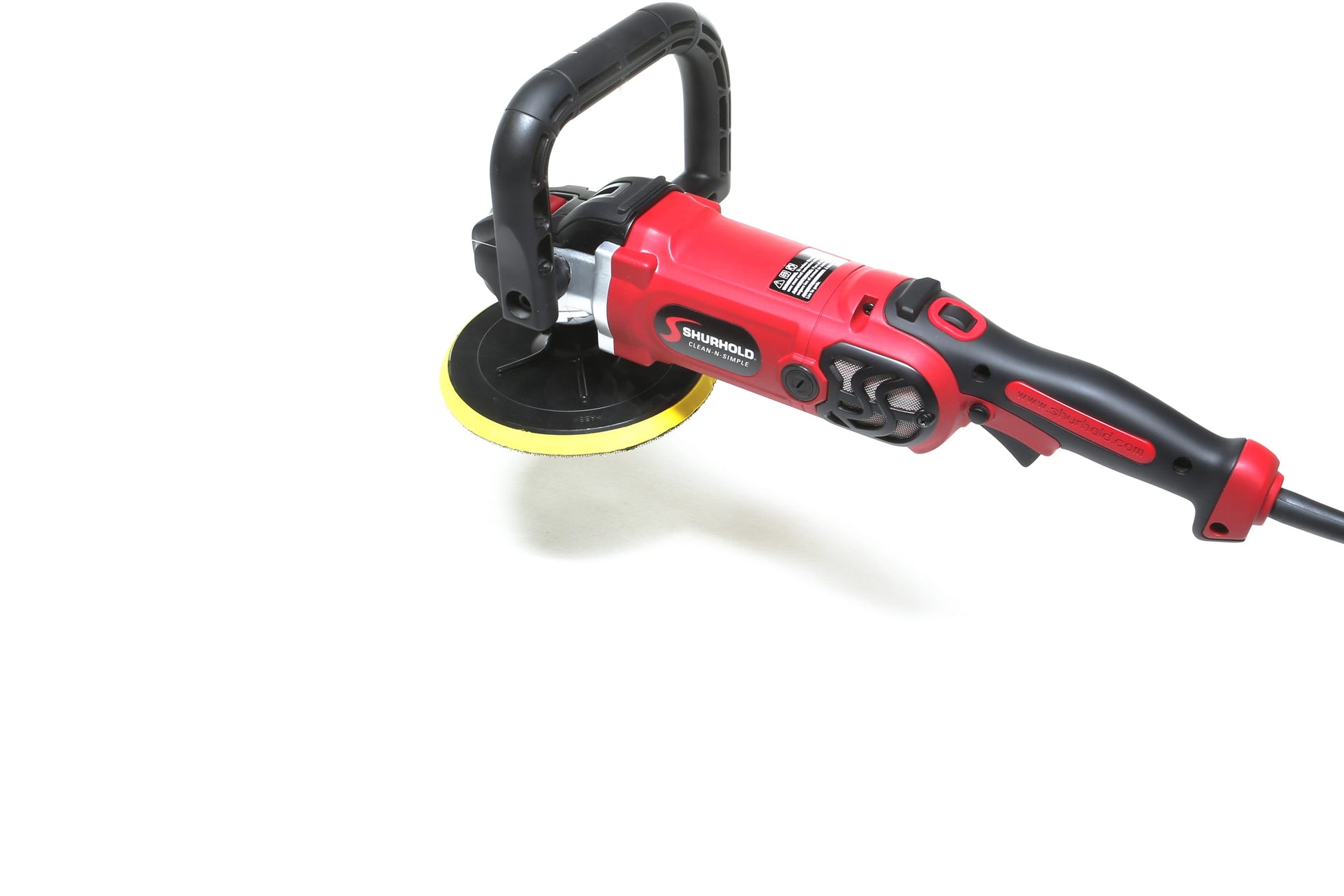 A refurbished Shurhold Industries, Inc. Pro Rotary Polisher with a circular yellow pad is shown against a white background—a professional-grade tool for eliminating surface imperfections.