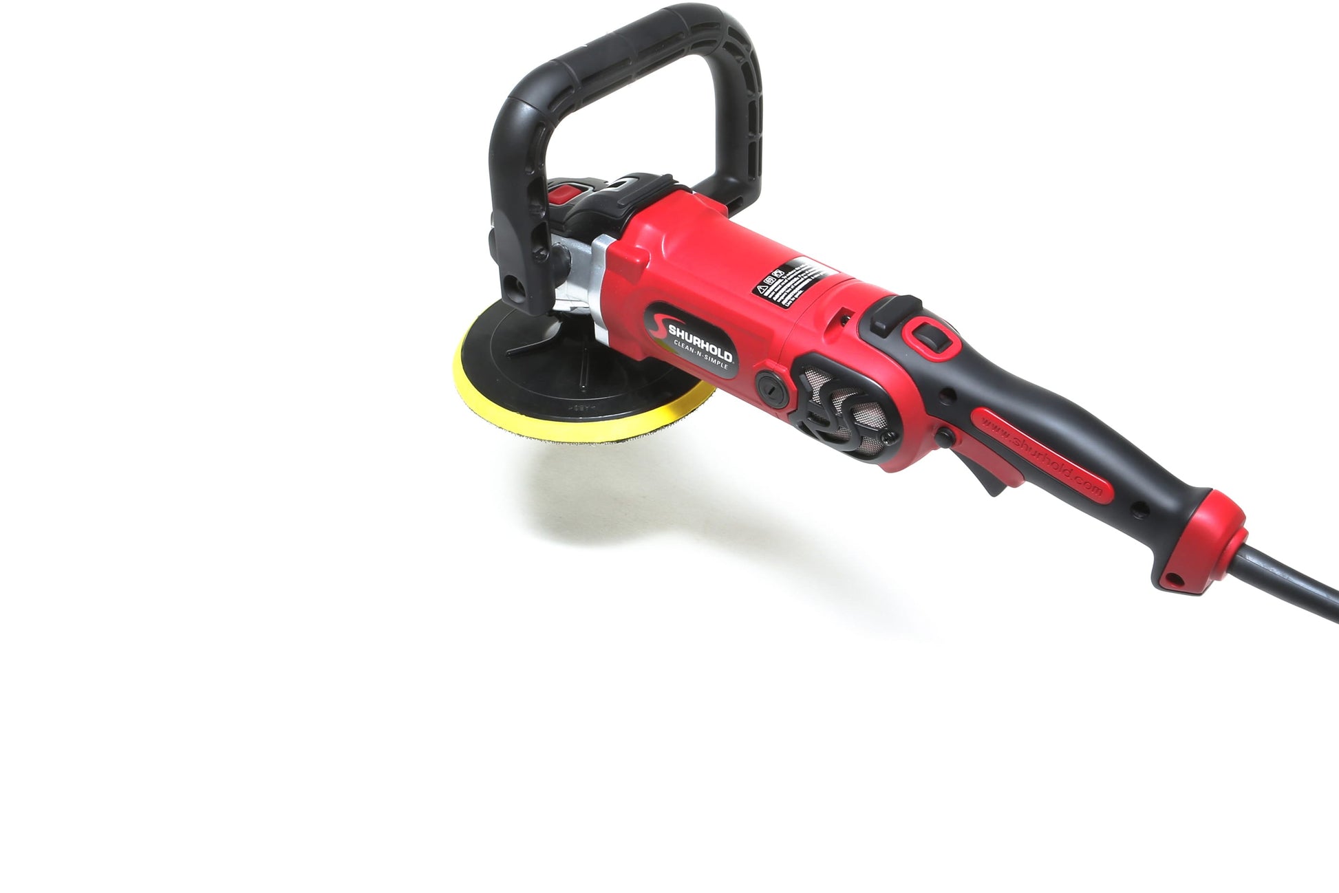 A refurbished Shurhold Industries, Inc. Pro Rotary Polisher with a yellow buffing pad is shown on a white background—a professional tool ideal for removing surface imperfections.