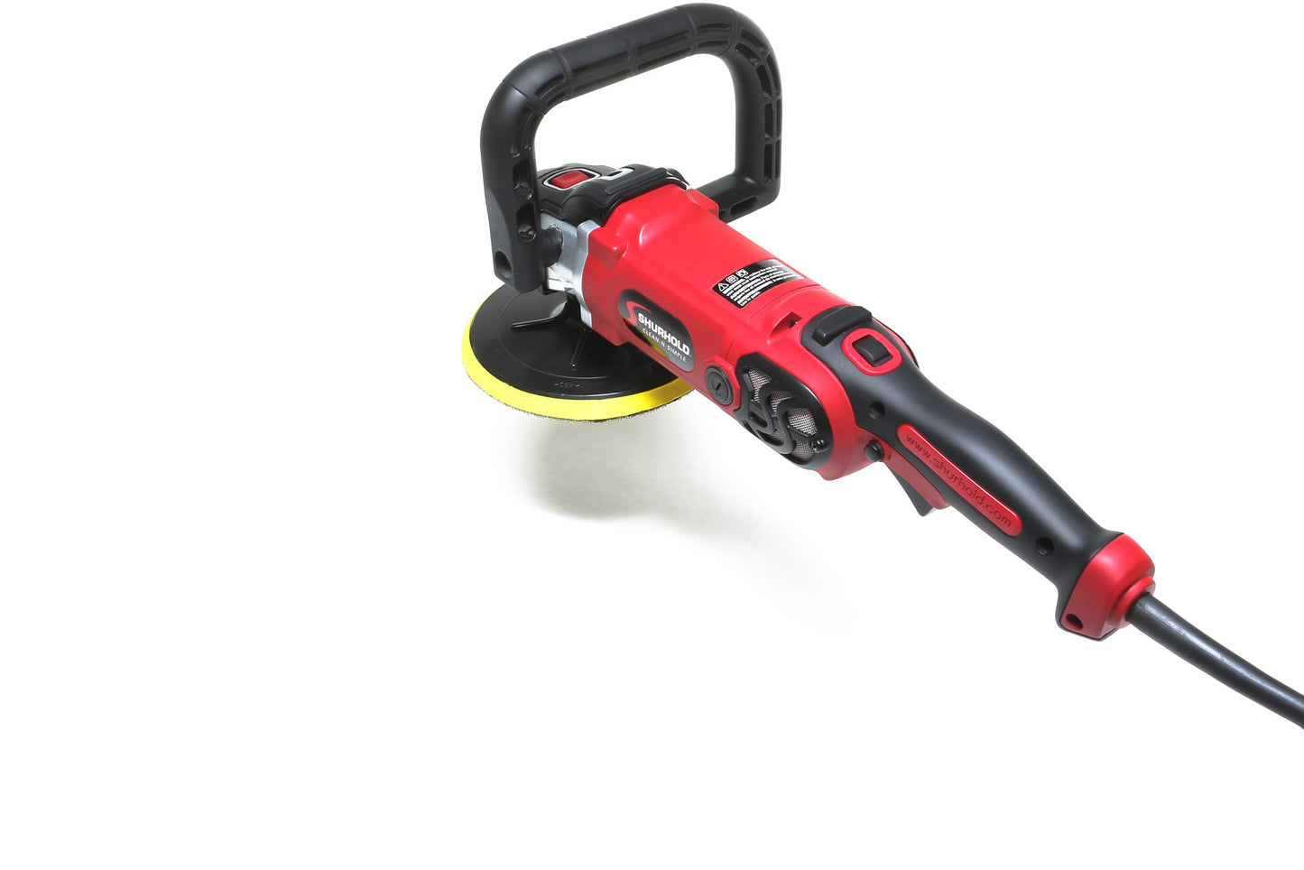 A refurbished Shurhold Industries, Inc. Pro Rotary Polisher with a black handle and yellow pad, designed for professional removal of surface imperfections, is shown isolated on a white background.