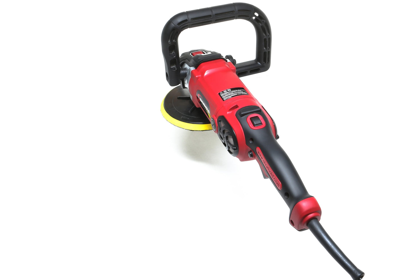 The Refurbished Pro Rotary Polisher by Shurhold Industries, Inc. is a professional tool with a red and black design, handle, and yellow pad—perfect for removing surface imperfections. Displayed on a white background.