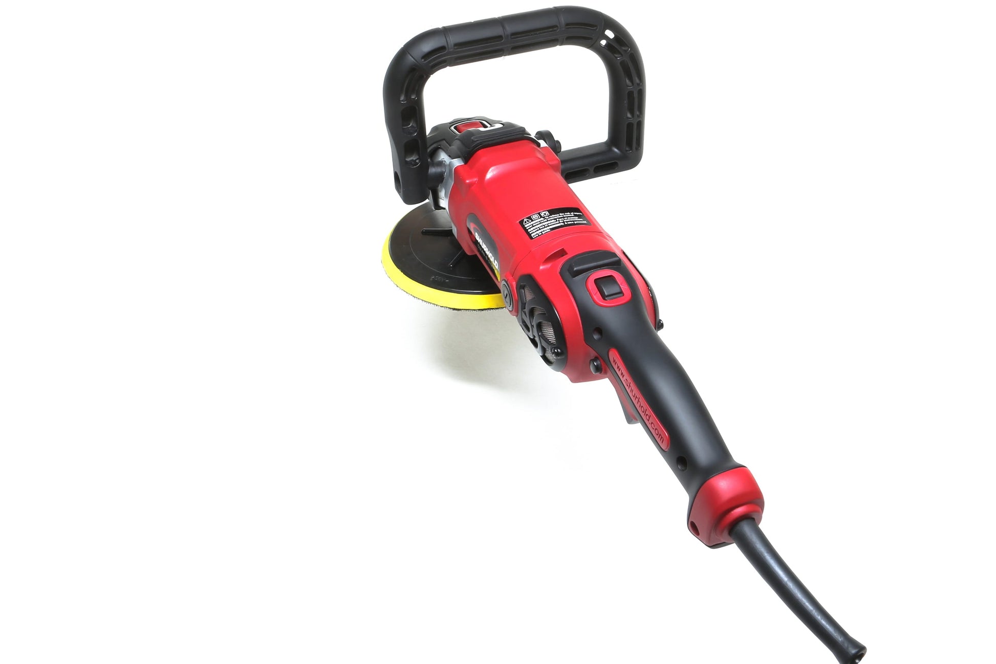 The Refurbished Pro Rotary Polisher by Shurhold Industries, Inc. is a professional tool with a red and black design, handle, and yellow pad—perfect for removing surface imperfections. Displayed on a white background.