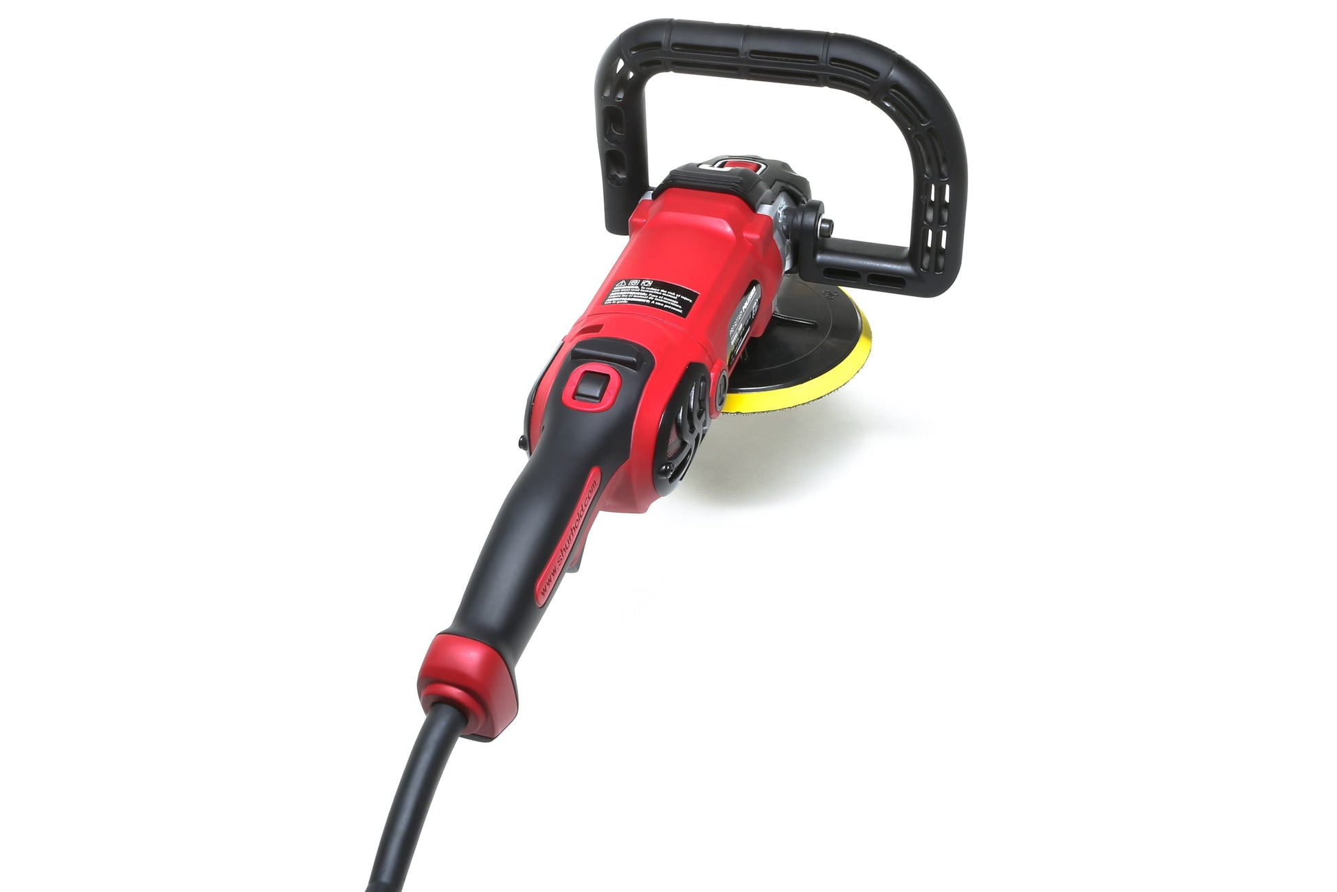 The Refurbished Pro Rotary Polisher by Shurhold Industries, Inc. features a red and black body, ergonomic handle, and yellow pad—ideal for correcting surface imperfections. Shown photographed on a white background.