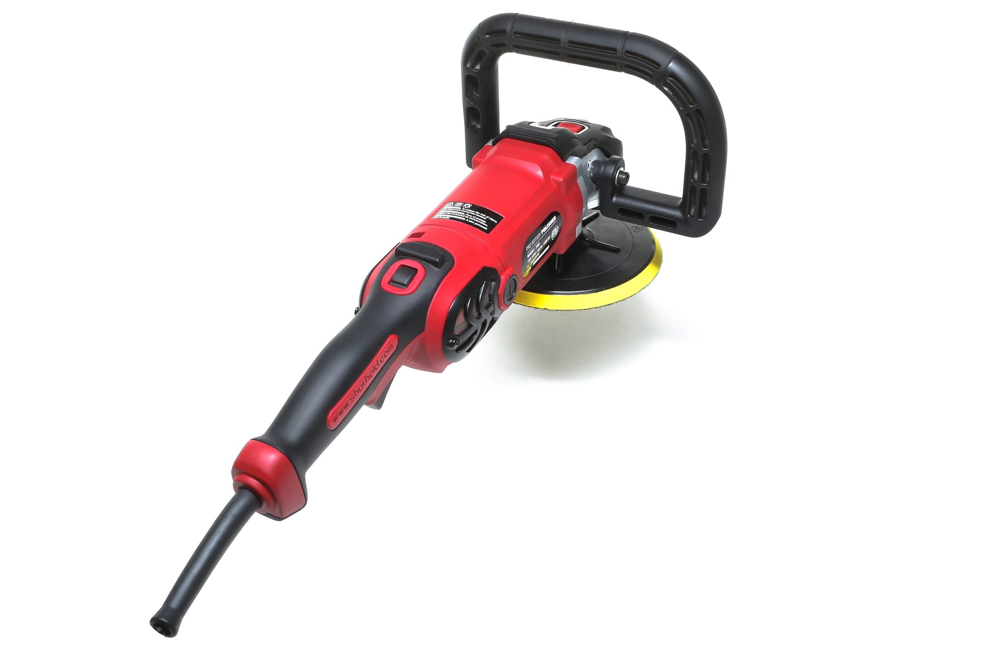 A refurbished Pro Rotary Polisher by Shurhold Industries, Inc., this red and black tool with a D-shaped handle is ideal for correcting surface imperfections, shown isolated on a white background.