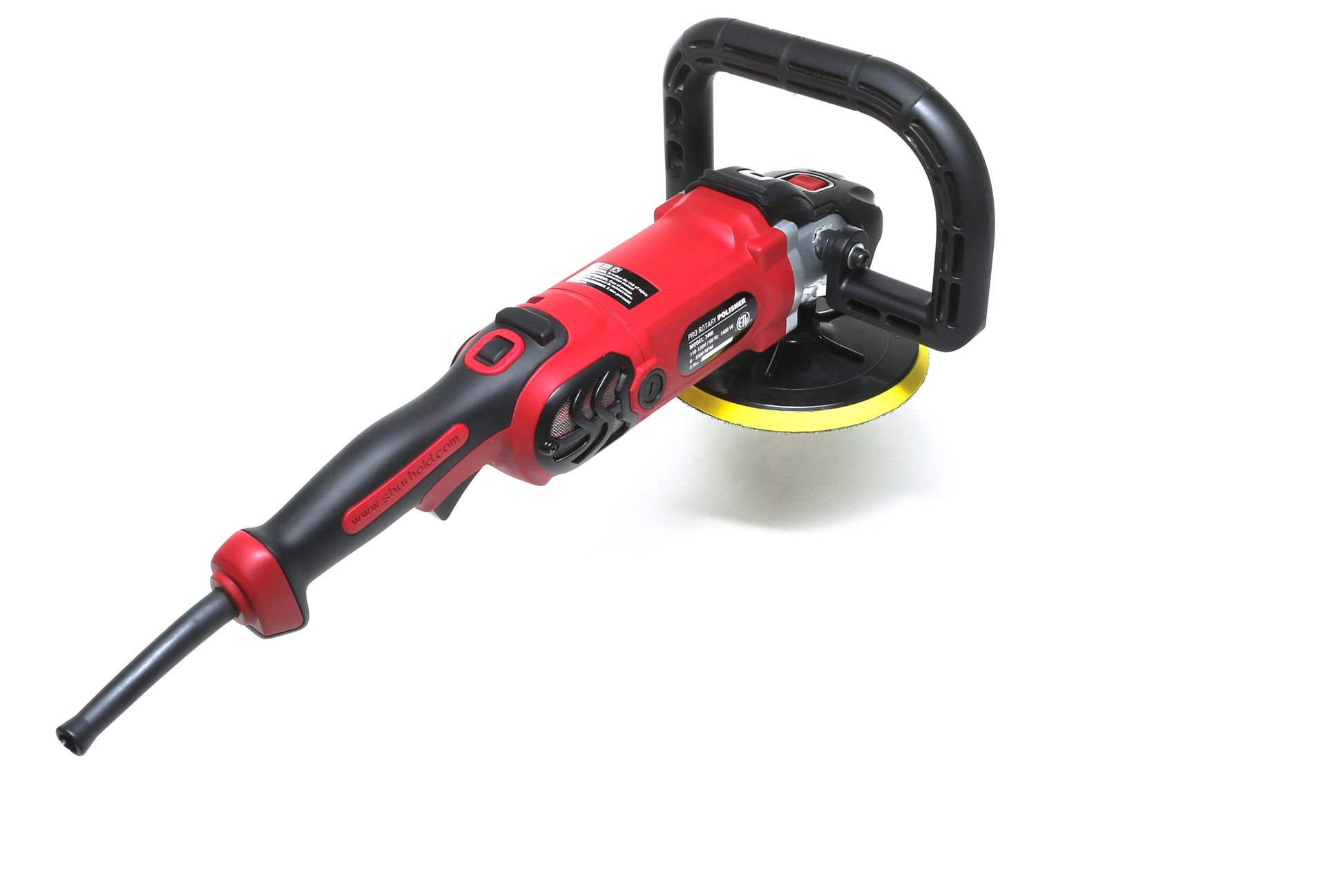 The Refurbished Pro Rotary Polisher from Shurhold Industries, Inc. is a professional-grade tool with a large side handle and circular yellow pad, ideal for correcting surface imperfections on any project.