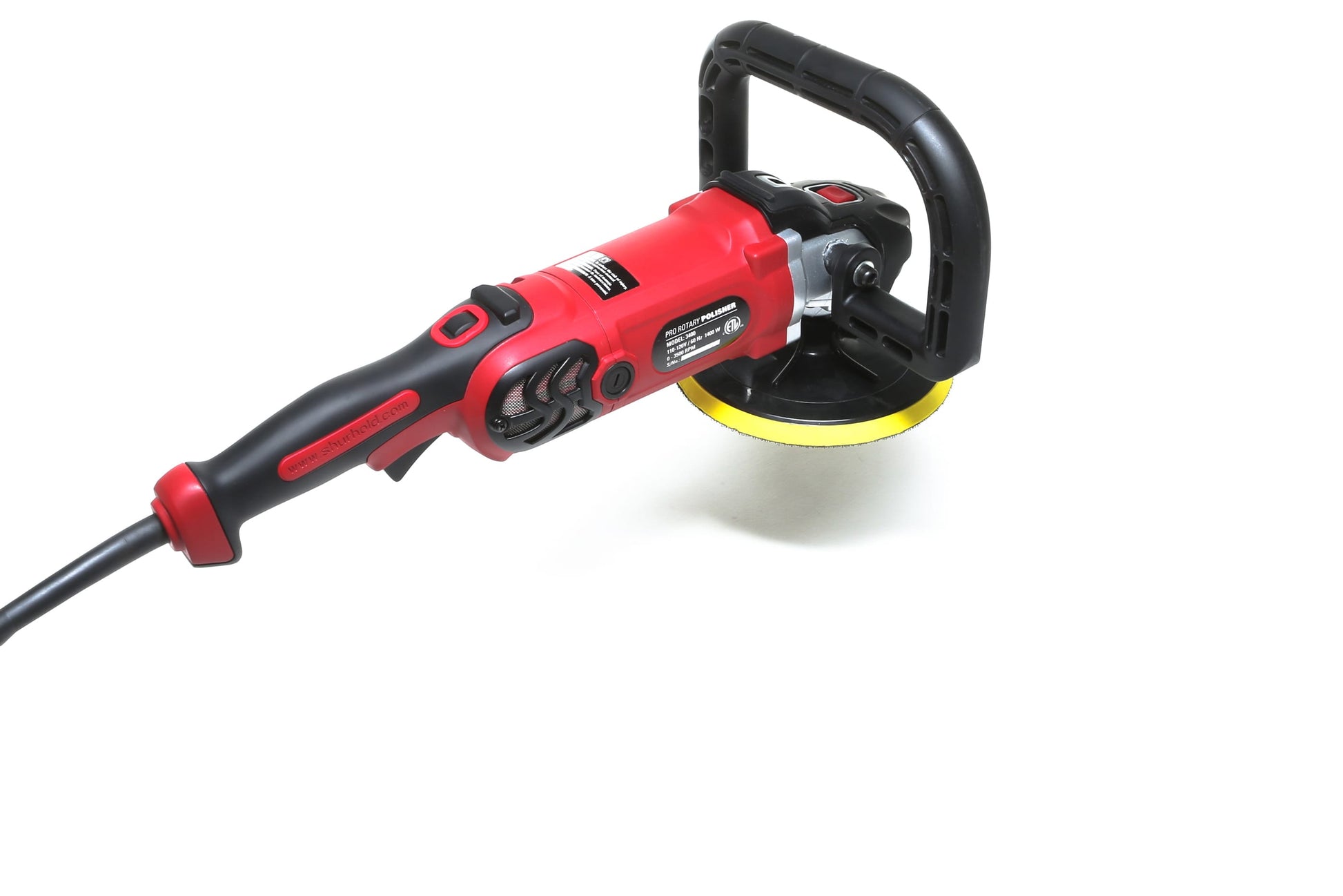The Shurhold Industries, Inc. Refurbished Pro Rotary Polisher is a red and black tool with a circular pad and side handle, perfect for removing surface imperfections; shown here on a white background.