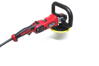 The Shurhold Industries, Inc. Refurbished Pro Rotary Polisher is a red and black tool with a circular pad and side handle, perfect for removing surface imperfections; shown here on a white background.