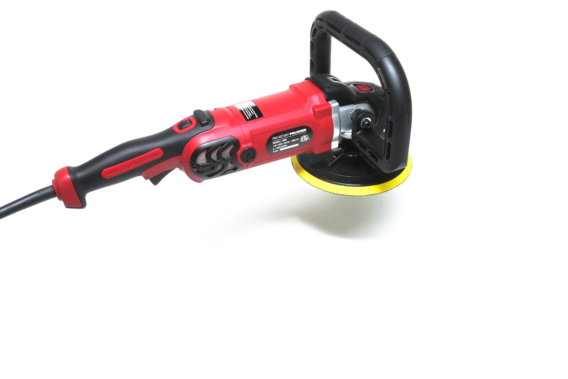 The Refurbished Pro Rotary Polisher by Shurhold Industries, Inc. is a red and black professional-grade tool with a side handle and yellow pad for removing surface imperfections, shown on a white background.