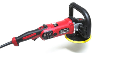 The Refurbished Pro Rotary Polisher by Shurhold Industries, Inc. is a red and black professional-grade tool with a side handle and yellow pad for removing surface imperfections, shown on a white background.