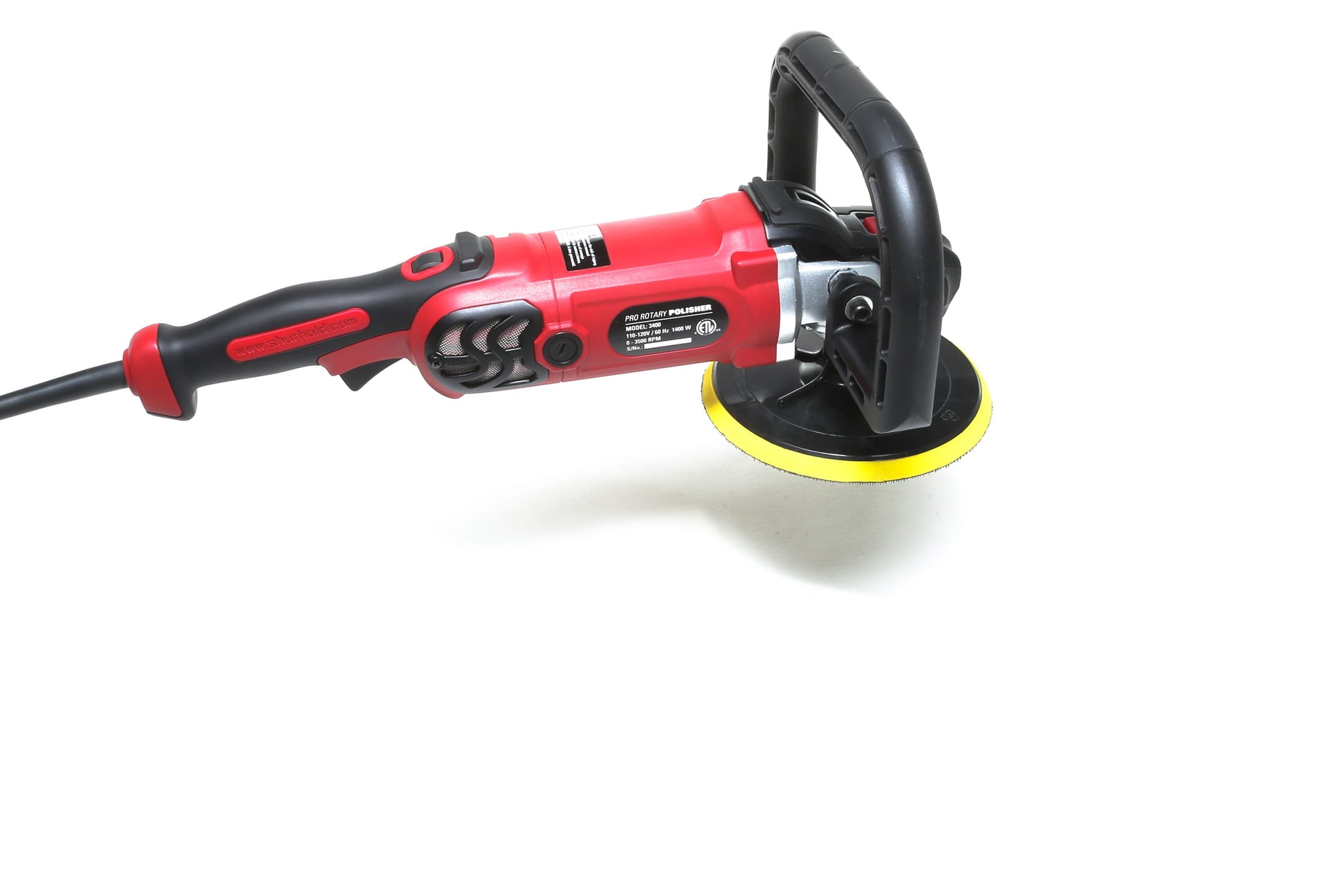 A refurbished Shurhold Industries, Inc. Pro Rotary Polisher with a yellow and black pad is shown isolated on white—a professional-grade tool built to eliminate surface imperfections.