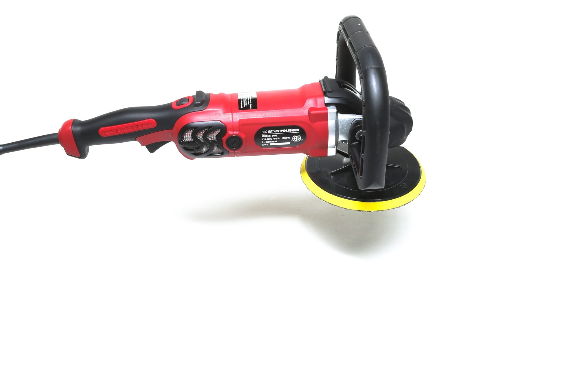 A refurbished Shurhold Industries, Inc. Pro Rotary Polisher with a yellow foam pad rests on a white surface, highlighting this professional tools ability to easily handle surface imperfections.