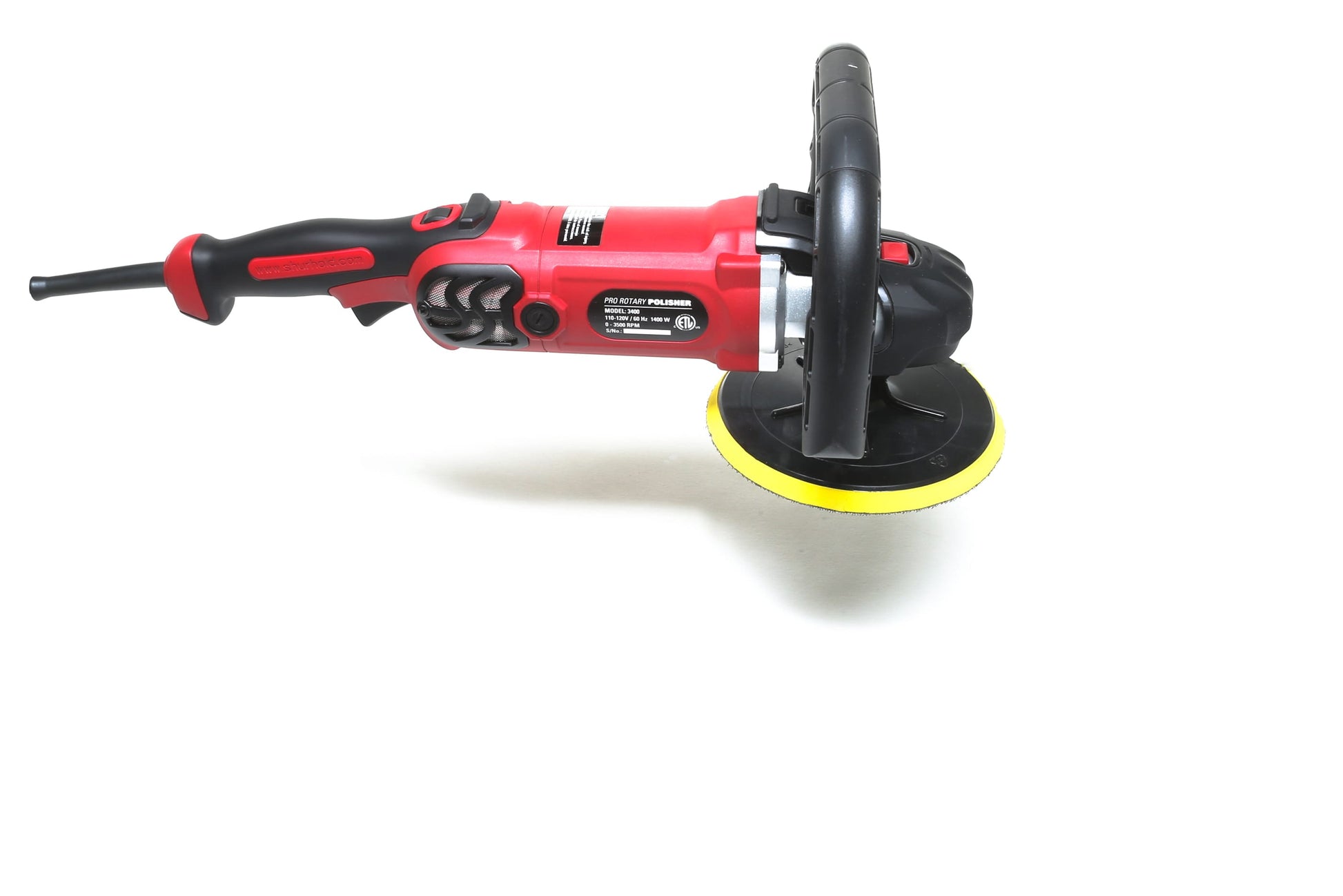 A refurbished Shurhold Industries, Inc. Pro Rotary Polisher in red and black with a yellow and black pad is displayed on a white background, showcasing this professional-grade tool for correcting surface imperfections.