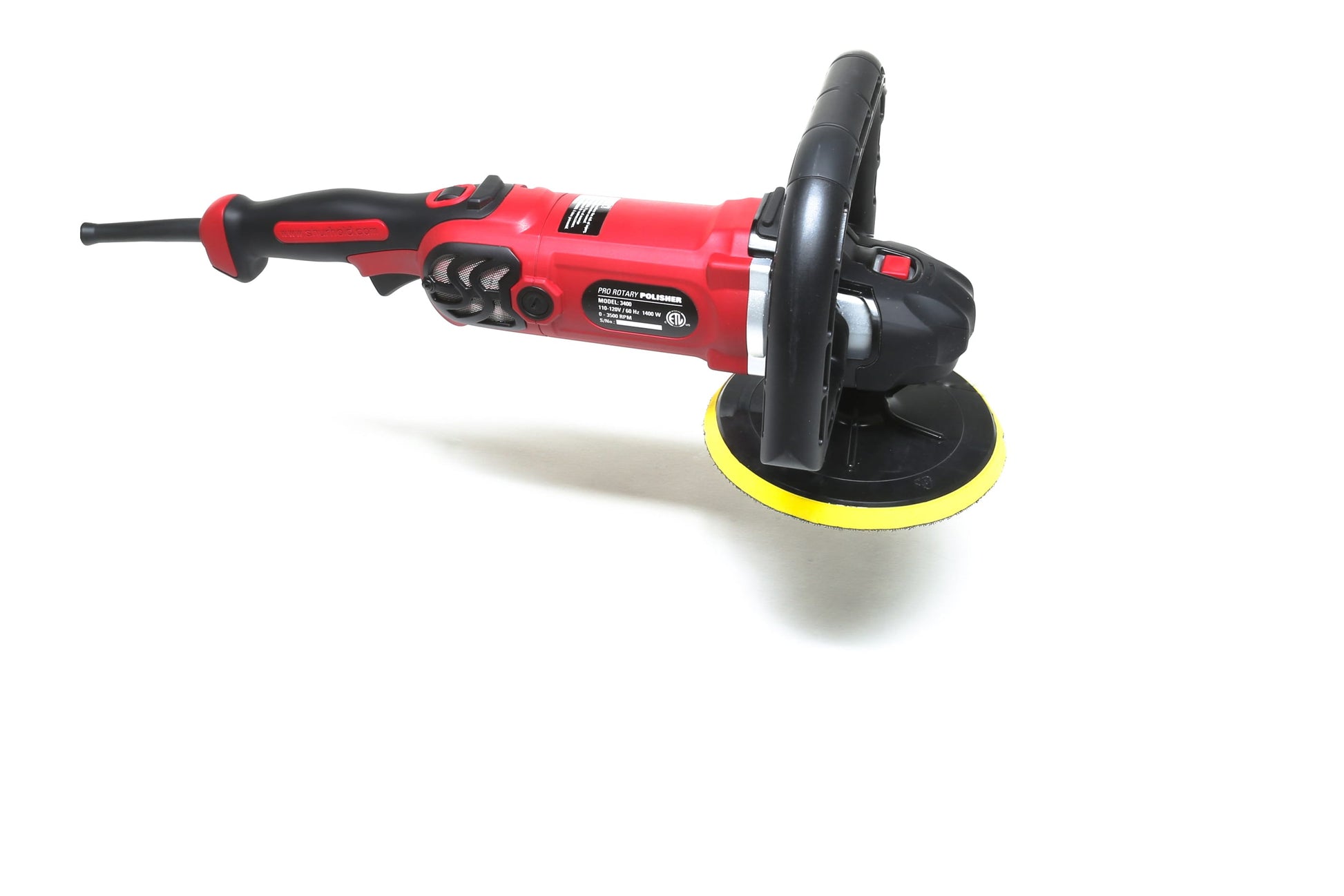 A refurbished Shurhold Industries, Inc. Pro Rotary Polisher with a yellow and black buffing pad rests on a white surface, ready for professional-grade polishing and surface correction.