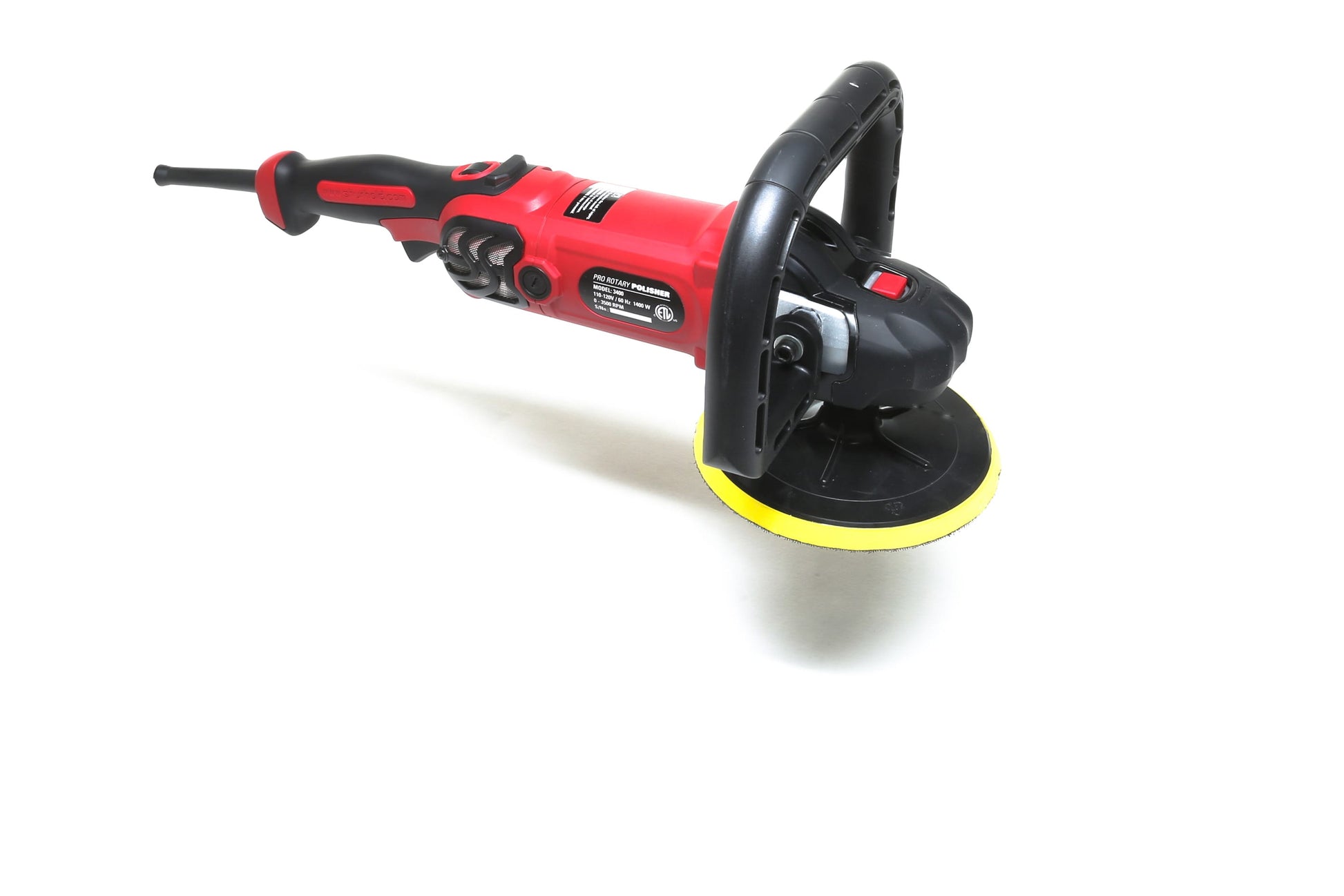 The Refurbished Pro Rotary Polisher by Shurhold Industries, Inc. is a red and black tool with a yellow circular pad and front handle, designed for surface imperfections. Shown on a white background.