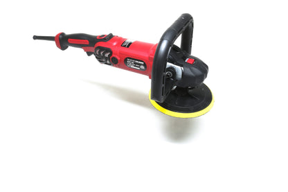 The Refurbished Pro Rotary Polisher by Shurhold Industries, Inc. is a red and black tool with a yellow circular pad and front handle, designed for surface imperfections. Shown on a white background.