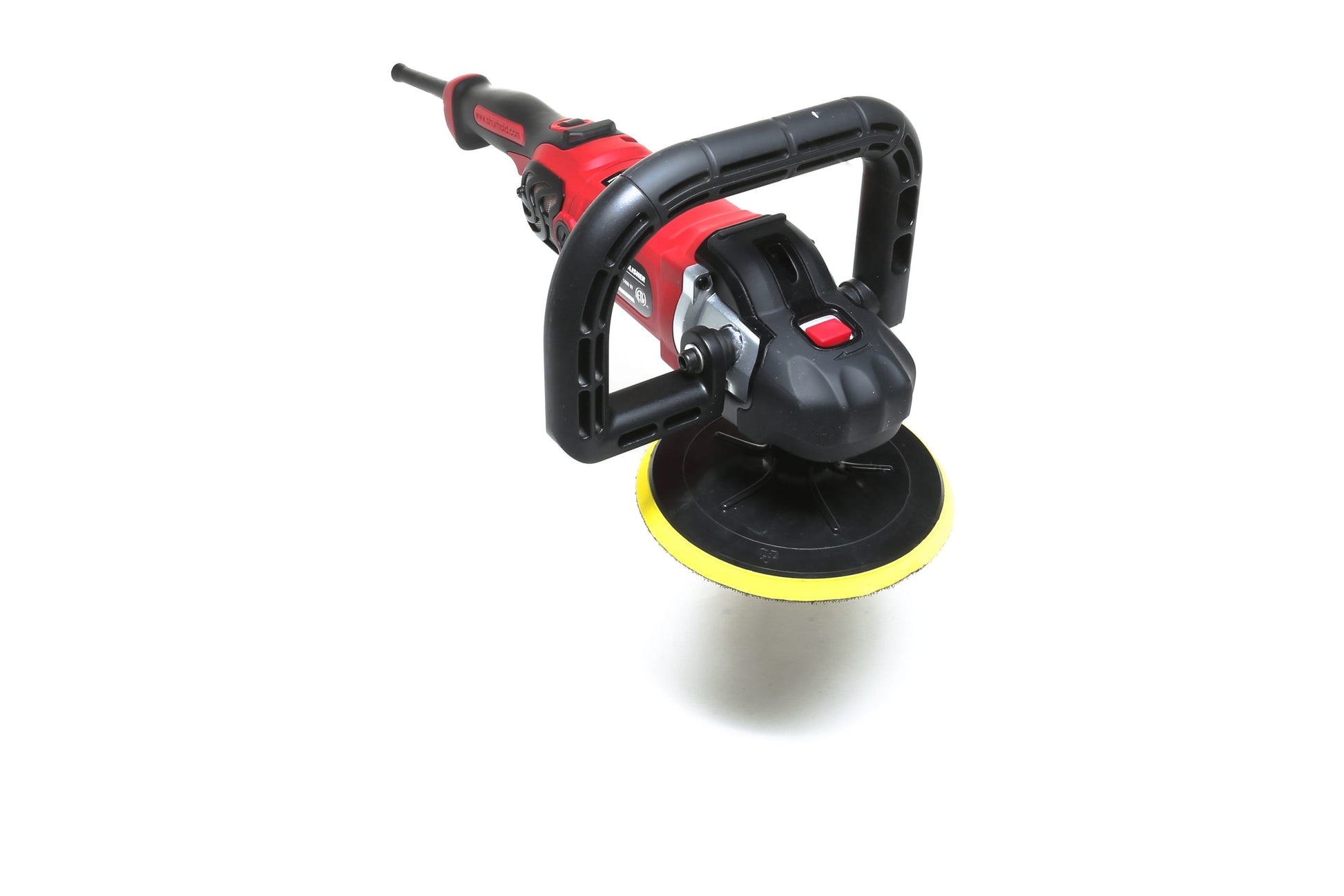 A refurbished Pro Rotary Polisher by Shurhold Industries, Inc. with a red and black body and yellow-edged buffing pad is shown against a white background, ideal for correcting surface imperfections.