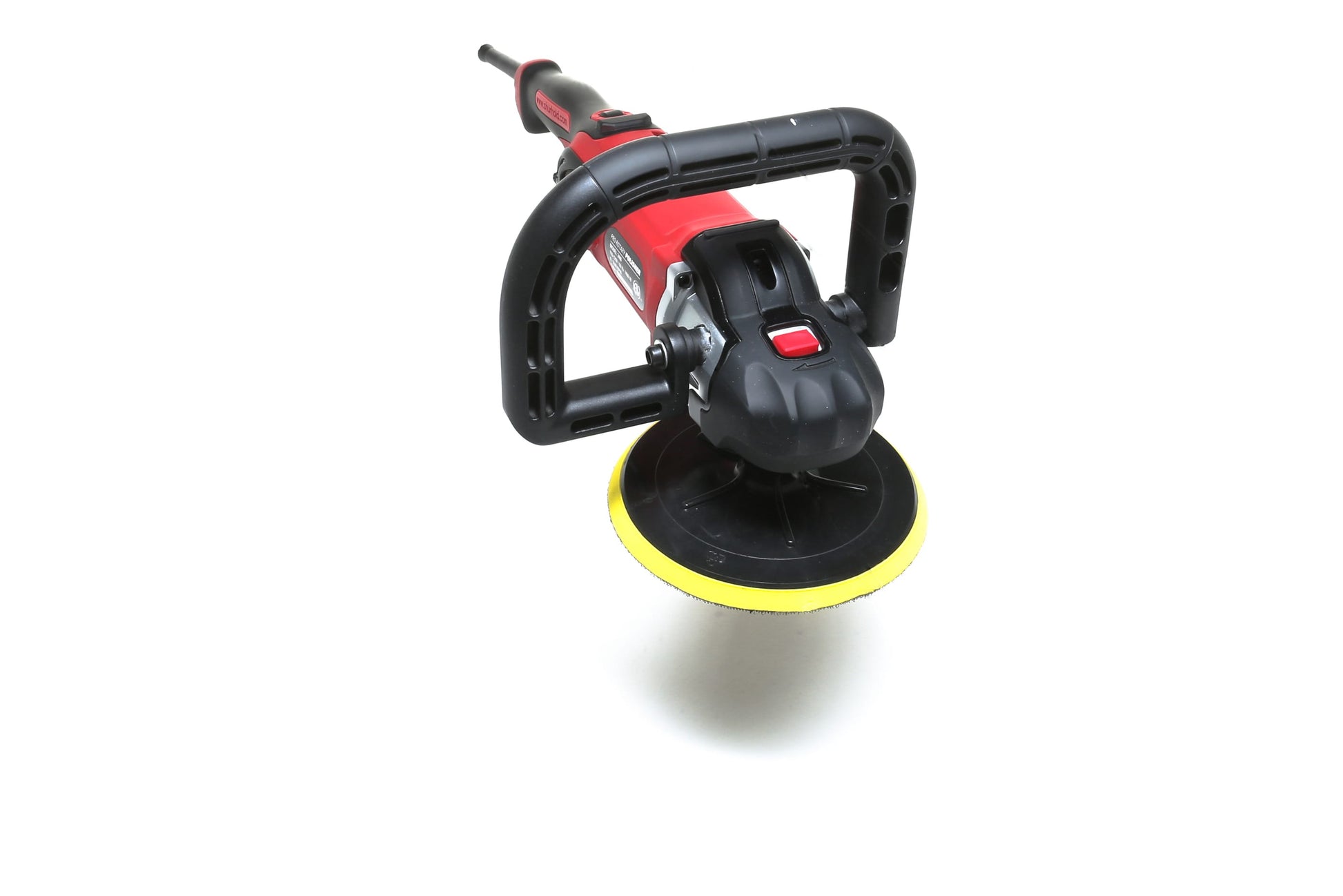 A refurbished Shurhold Industries, Inc. Pro Rotary Polisher with a yellow-edged pad is displayed on a white background—ideal for removing surface imperfections.