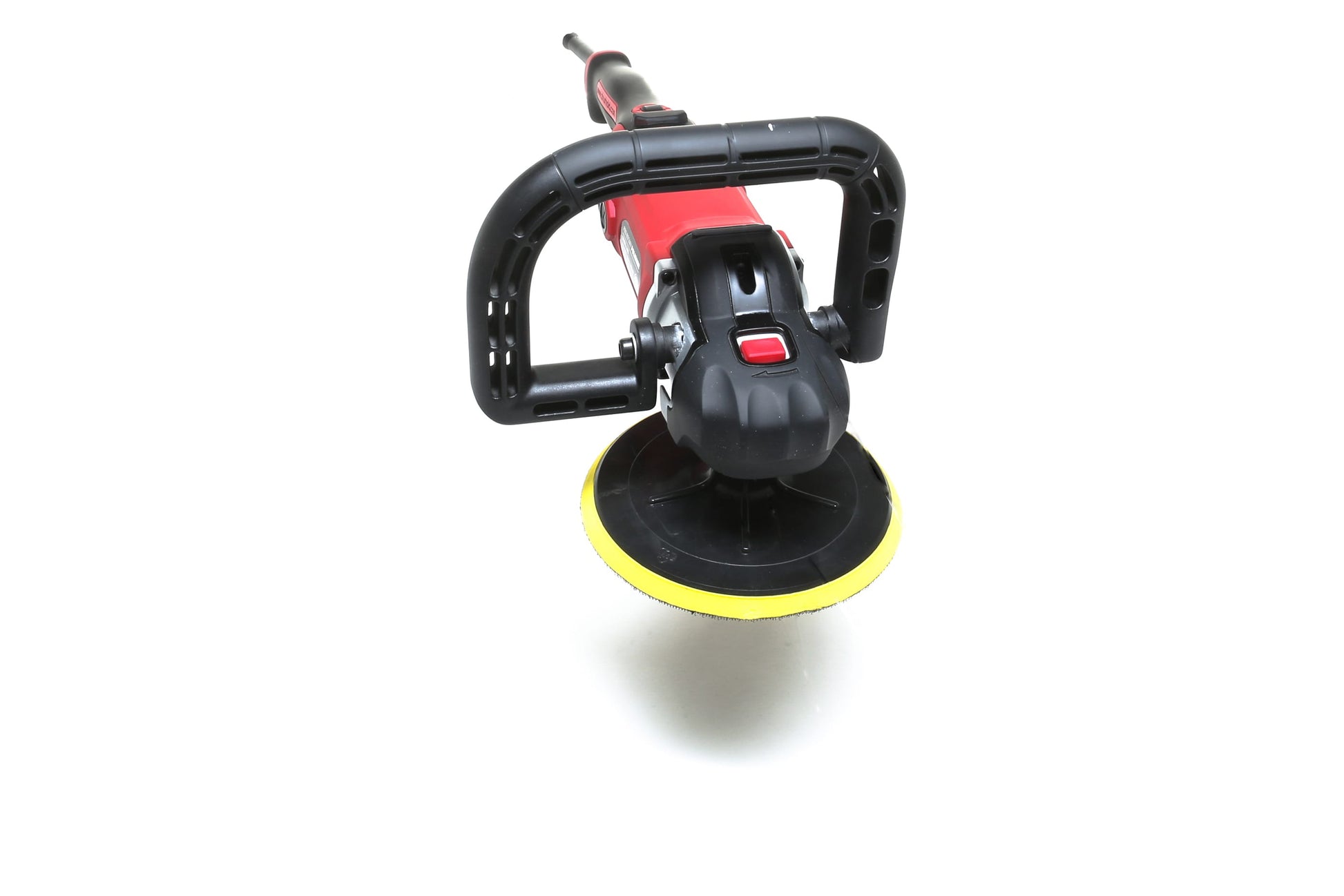 The Refurbished Pro Rotary Polisher by Shurhold Industries, Inc. is a professional-grade tool with a black handle, red body, and yellow pad, designed to remove surface imperfections and shown on a white background.