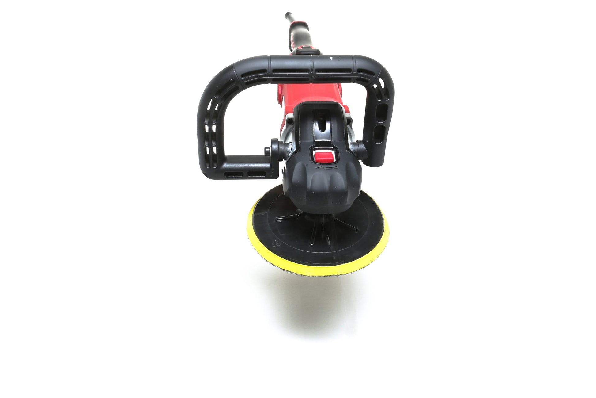 A refurbished Pro Rotary Polisher from Shurhold Industries, Inc. with a yellow and black pad is photographed on a white background, showcasing its professional-grade design for tackling surface imperfections.