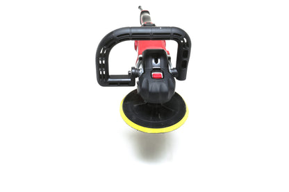 A refurbished Pro Rotary Polisher from Shurhold Industries, Inc. with a yellow and black pad is photographed on a white background, showcasing its professional-grade design for tackling surface imperfections.