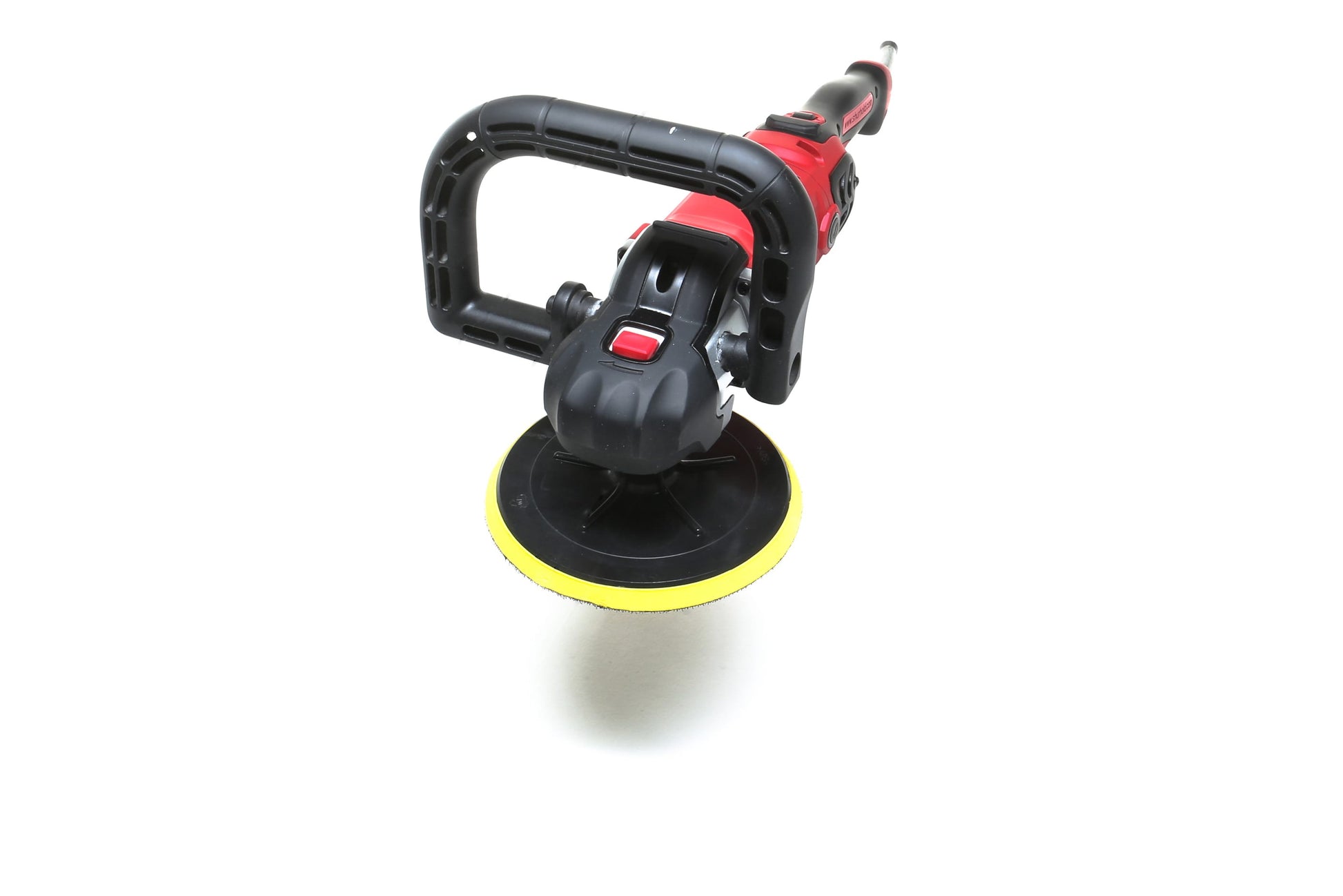 The Refurbished Pro Rotary Polisher by Shurhold Industries, Inc. is a professional tool with a black handle, red and black body, and a yellow and black pad—ideal for removing surface imperfections on any white background.