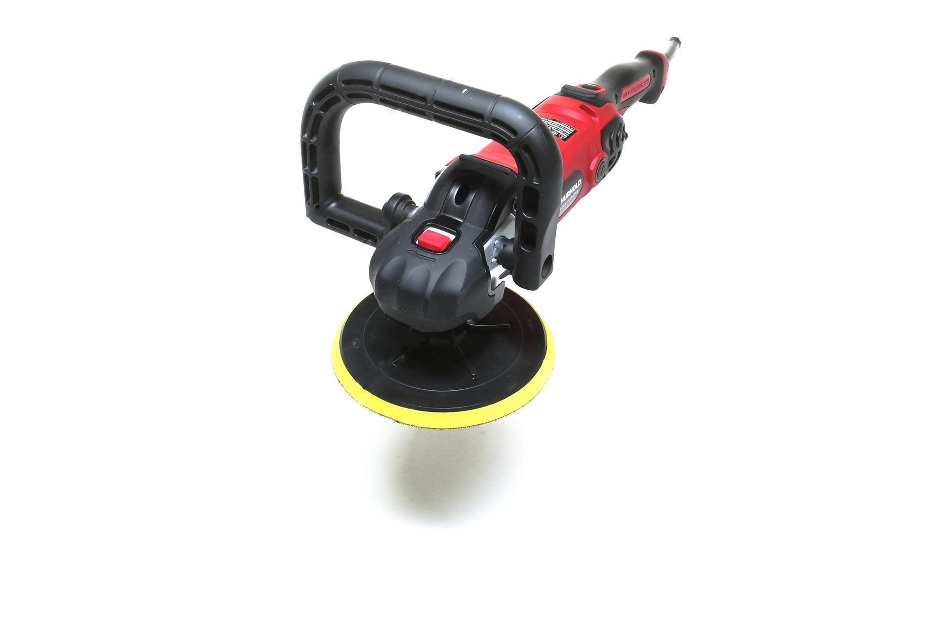 The Refurbished Pro Rotary Polisher by Shurhold Industries, Inc. features a red and black body with a yellow and black buffing pad, shown against a white background, ready to address surface imperfections.