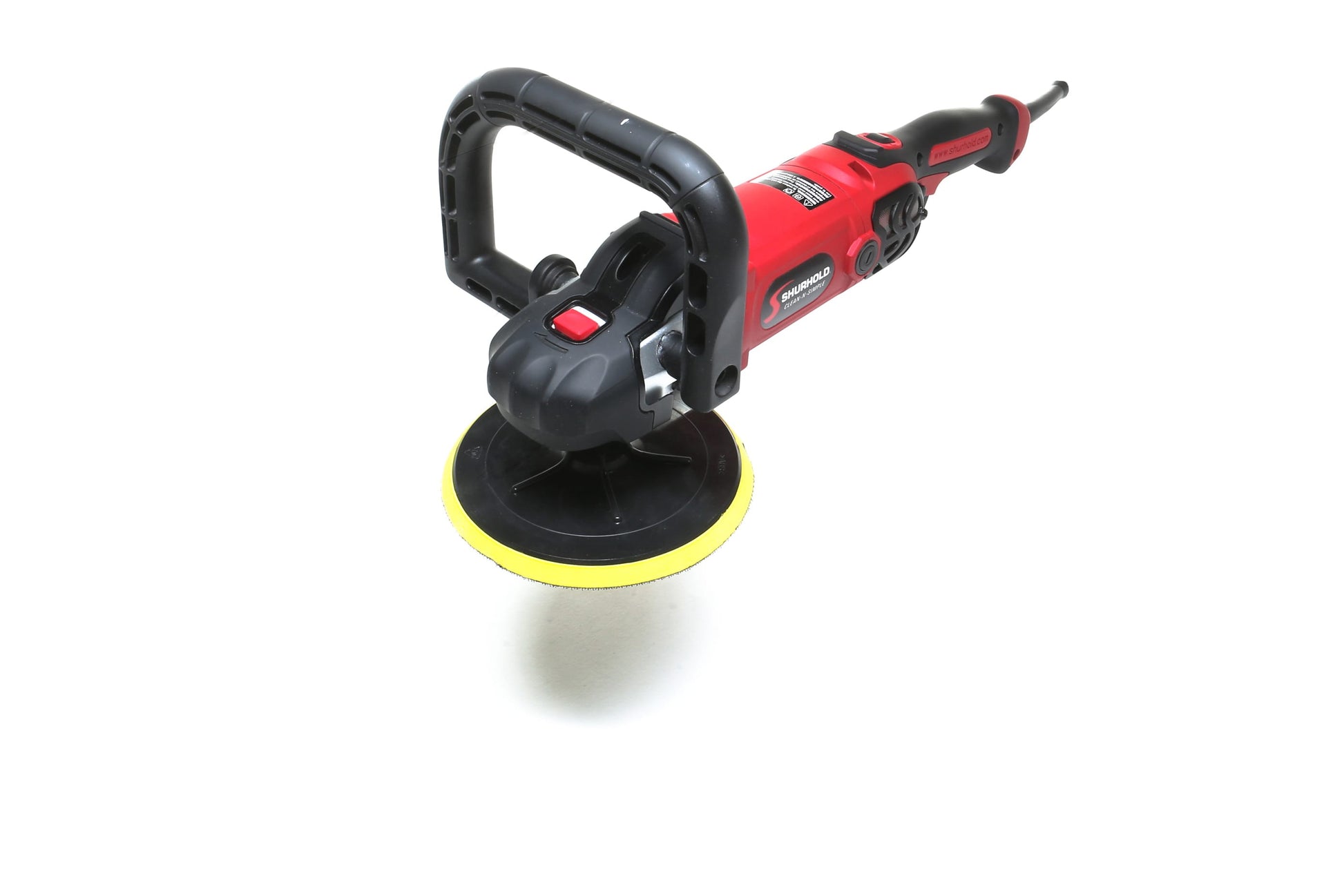A refurbished Shurhold Industries, Inc. Pro Rotary Polisher with a yellow pad and red and black design tackles surface imperfections, shown on a white background.