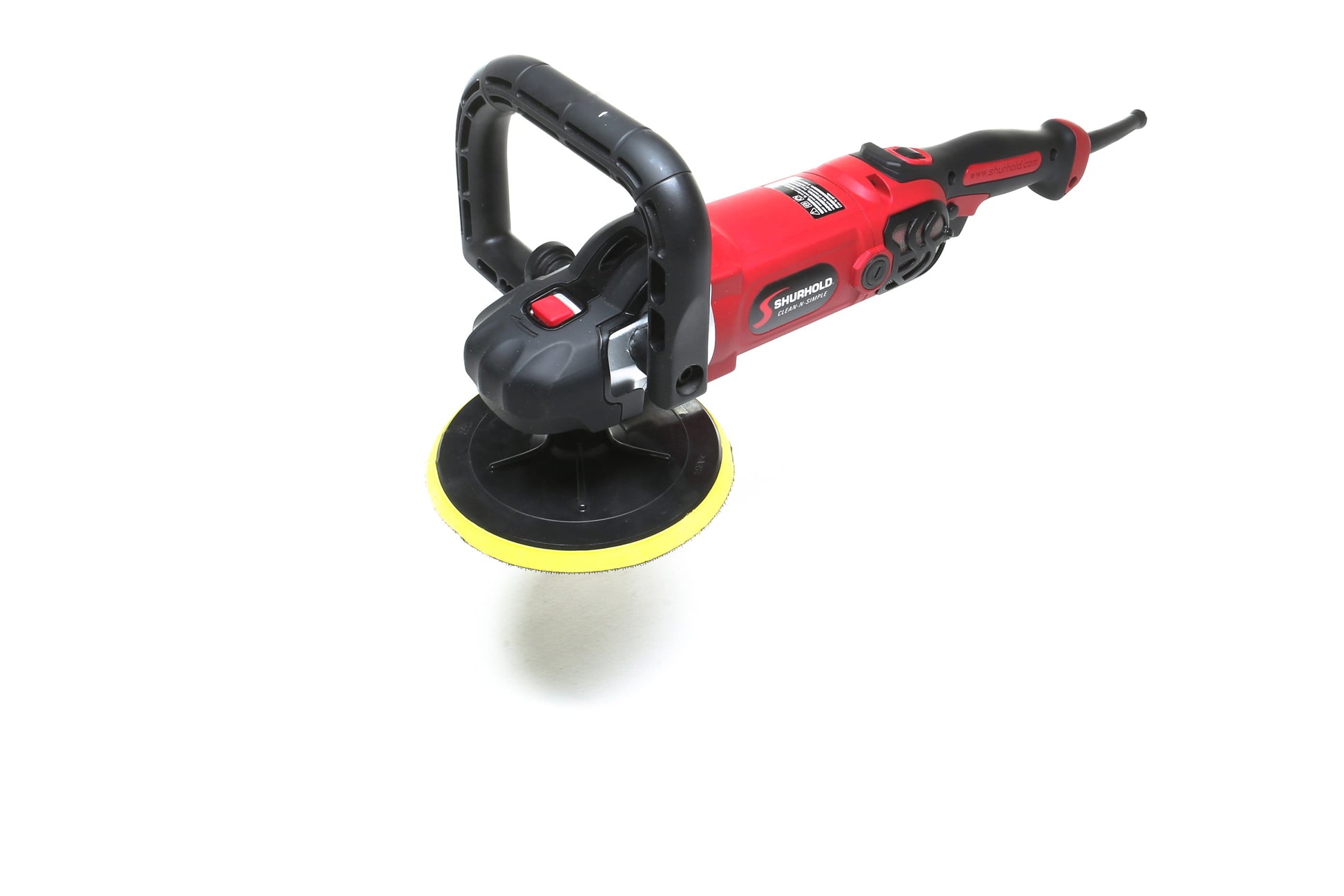 A refurbished Shurhold Industries, Inc. Pro Rotary Polisher with a yellow pad is displayed on a white background—this professional tool is ideal for correcting surface imperfections.