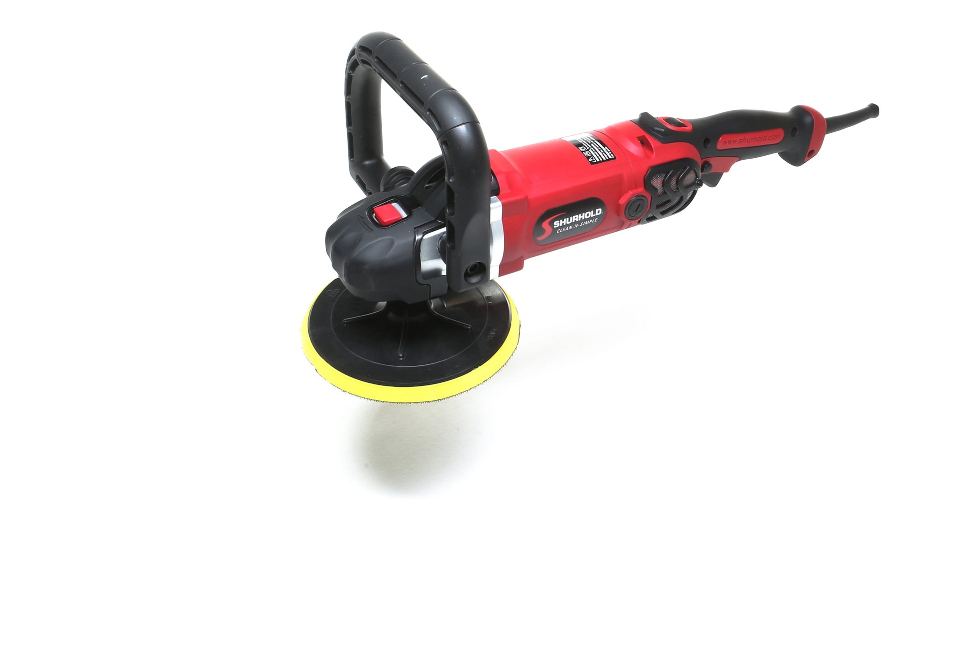 The Refurbished Pro Rotary Polisher by Shurhold Industries, Inc. is a red and black handheld electric polisher with a yellow pad, designed to remove surface imperfections and deliver a flawless finish on every use.