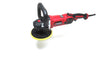 A red and black Refurbished Pro Rotary Polisher by Shurhold Industries, Inc., with a yellow and black polishing pad, is displayed on a white background—a pro tool perfect for removing surface imperfections.