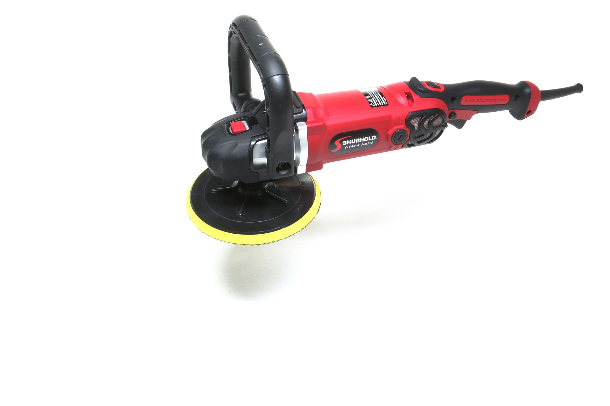 A red and black Refurbished Pro Rotary Polisher by Shurhold Industries, Inc., with a yellow and black polishing pad, is displayed on a white background—a pro tool perfect for removing surface imperfections.