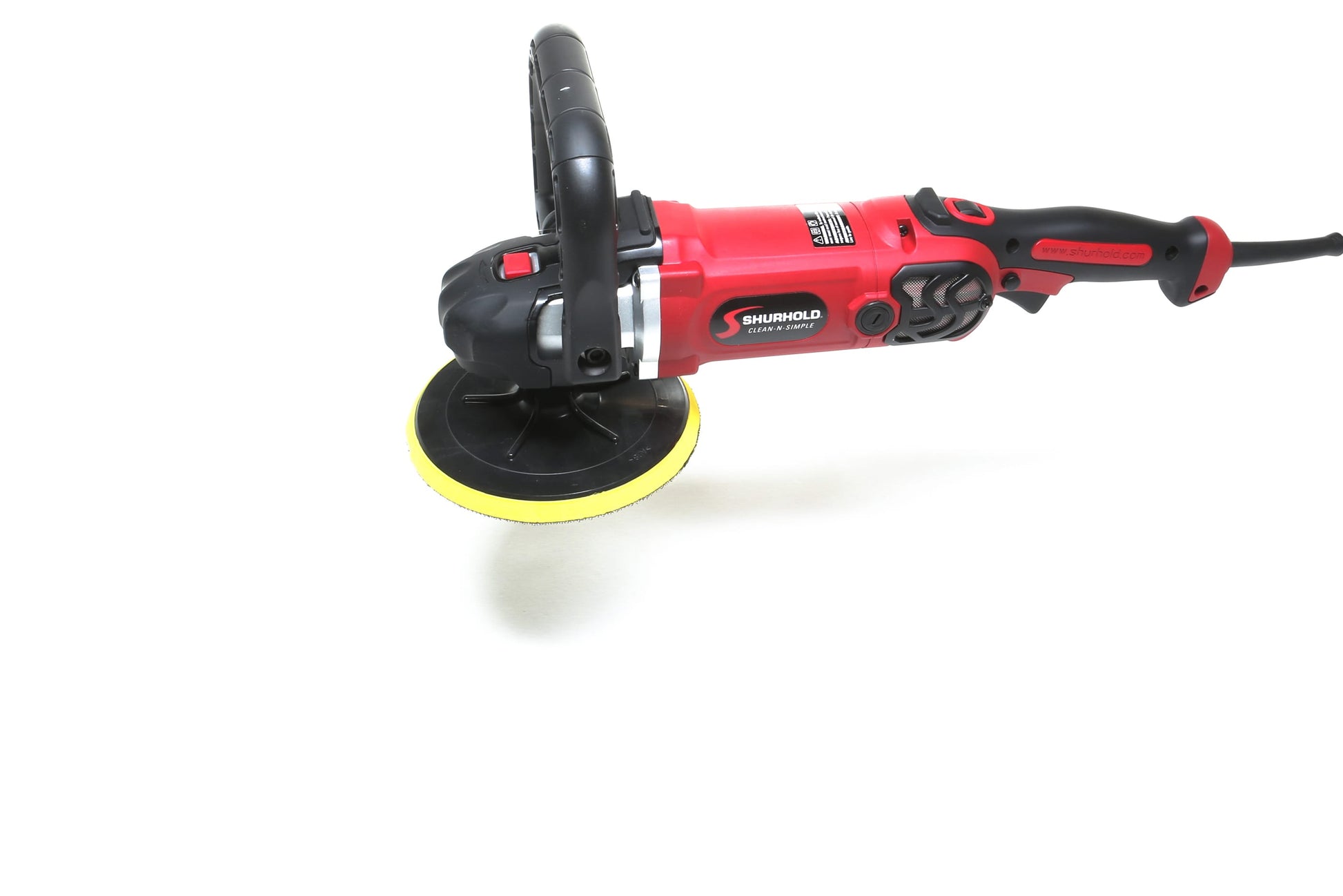 A refurbished Shurhold Industries, Inc. Pro Rotary Polisher with a black handle and yellow pad is shown on a white background—a professional-grade tool designed to remove surface imperfections.