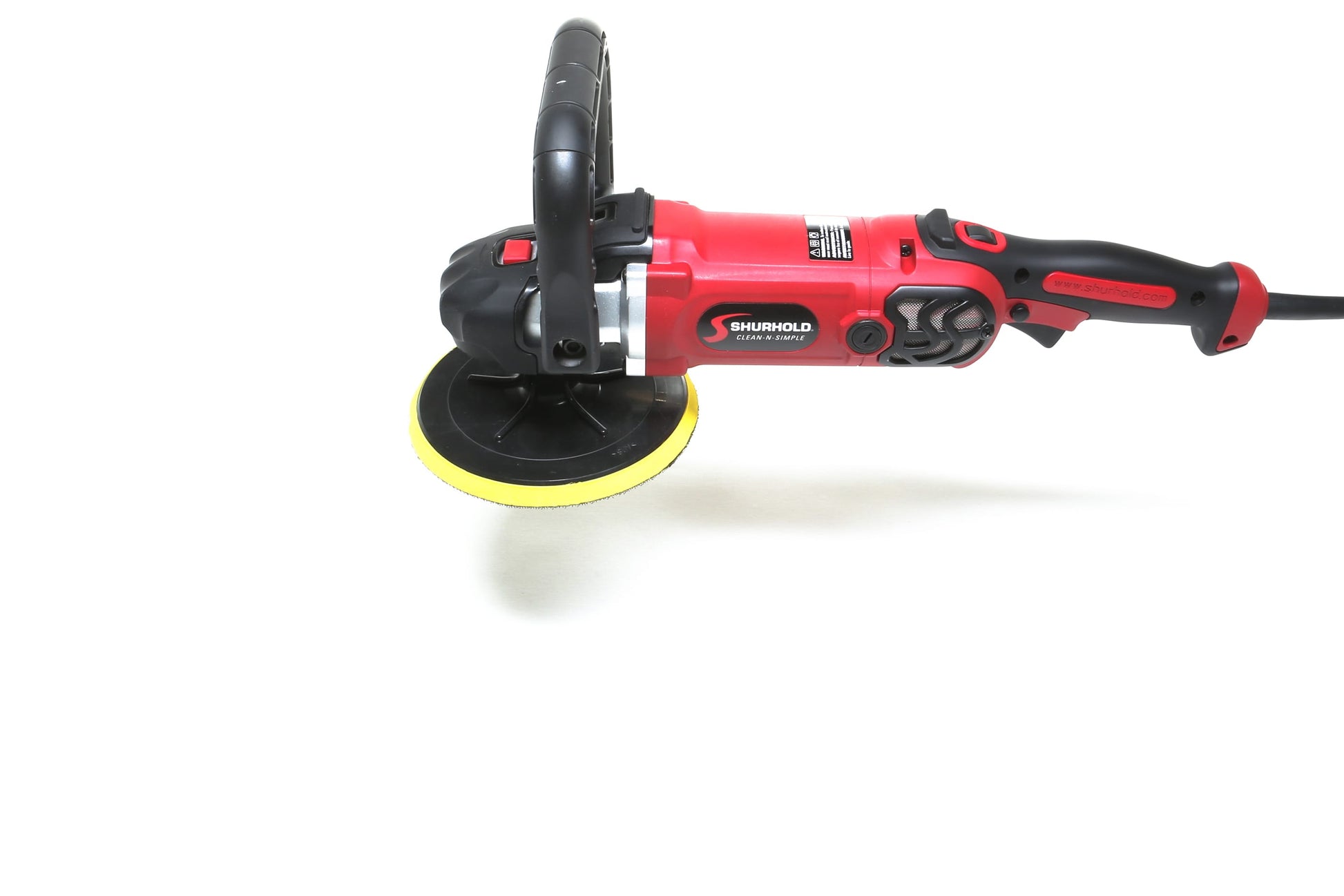 A refurbished Shurhold Industries, Inc. Pro Rotary Polisher with a yellow foam pad is displayed on a white background—ideal for smoothing out surface imperfections.