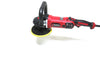 A refurbished Pro Rotary Polisher from Shurhold Industries, Inc. with a red and black body and yellow pad, shown on a white background. Perfect for fixing car and boat surface imperfections.