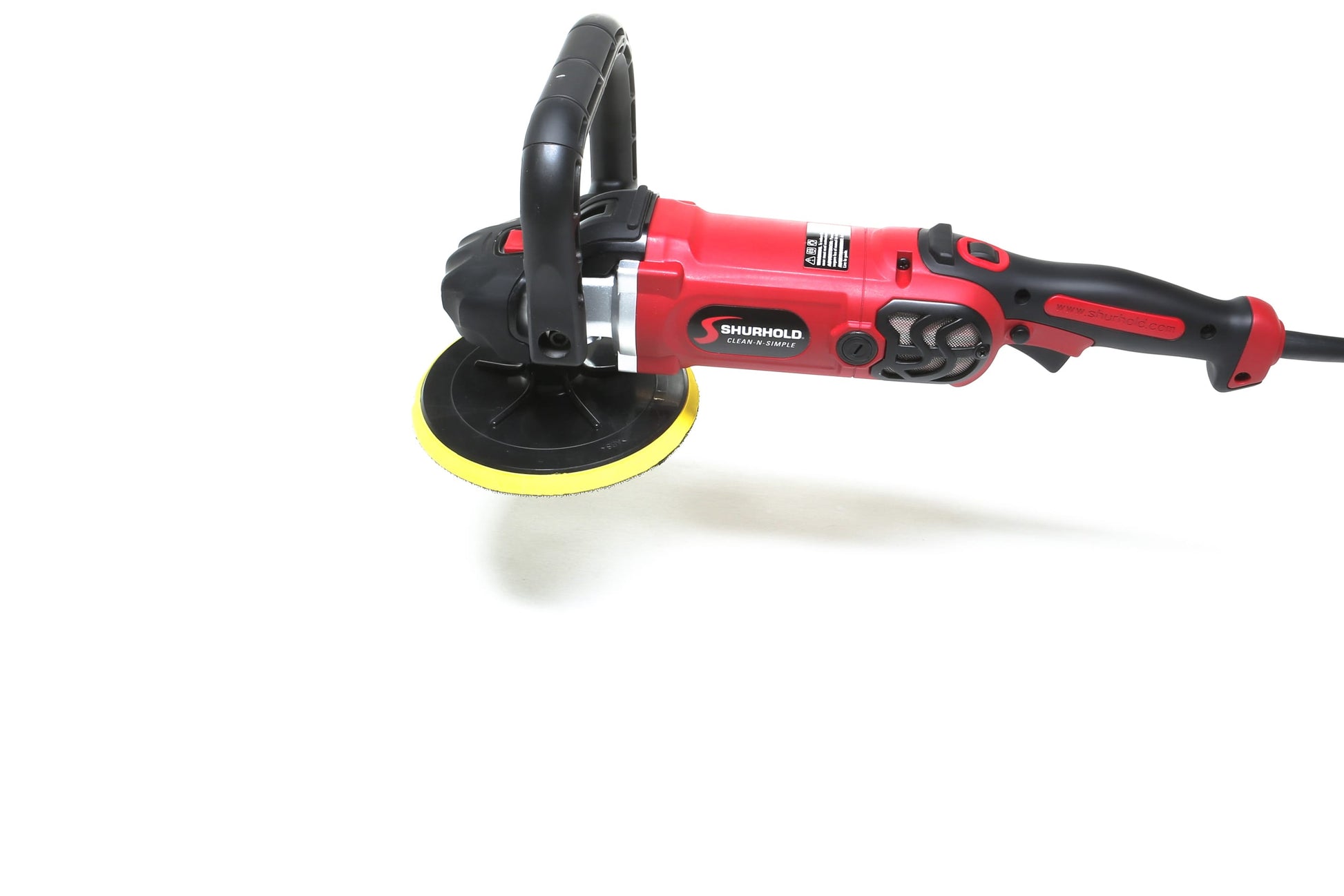 A refurbished Pro Rotary Polisher from Shurhold Industries, Inc. with a red and black body and yellow pad, shown on a white background. Perfect for fixing car and boat surface imperfections.